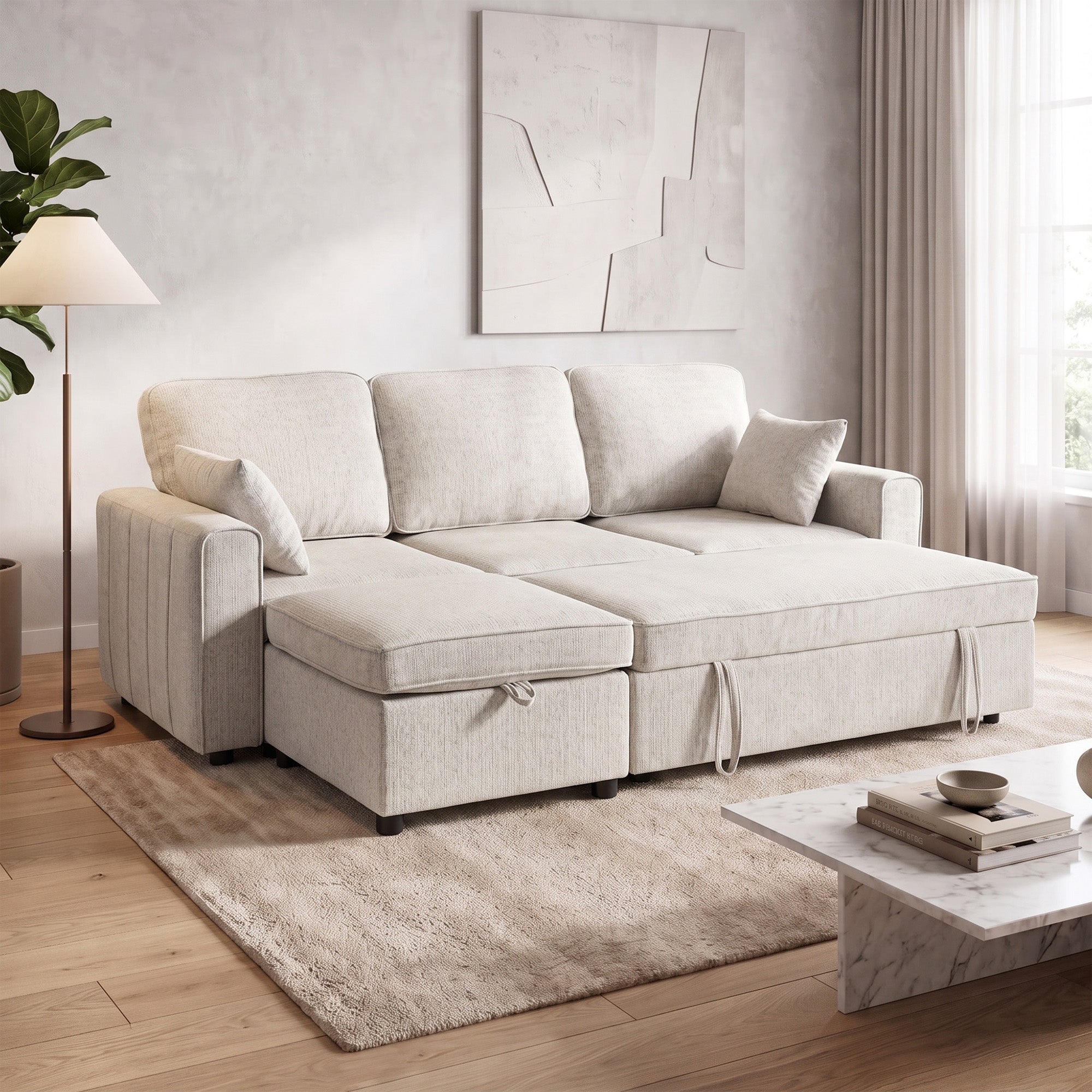 Modular Sectional Sleeper Sofa with Storage Ottoman - Beige-Home Furnishings > Living Room Furniture > Sofas & Reclining Chairs-DECOROLALA