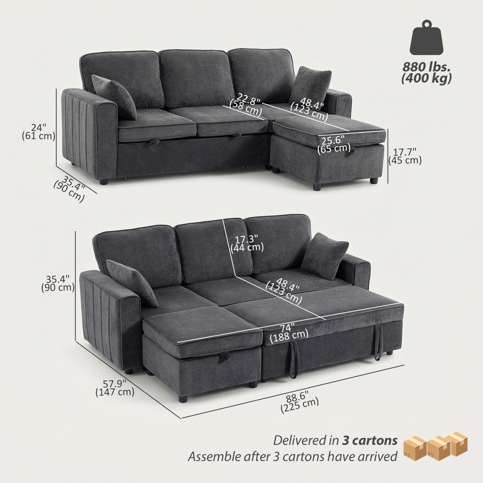 Modular Sectional Sofa Bed with Storage Ottoman - Dark Grey-Home Furnishings > Living Room Furniture > Sofas & Reclining Chairs-DECOROLALA