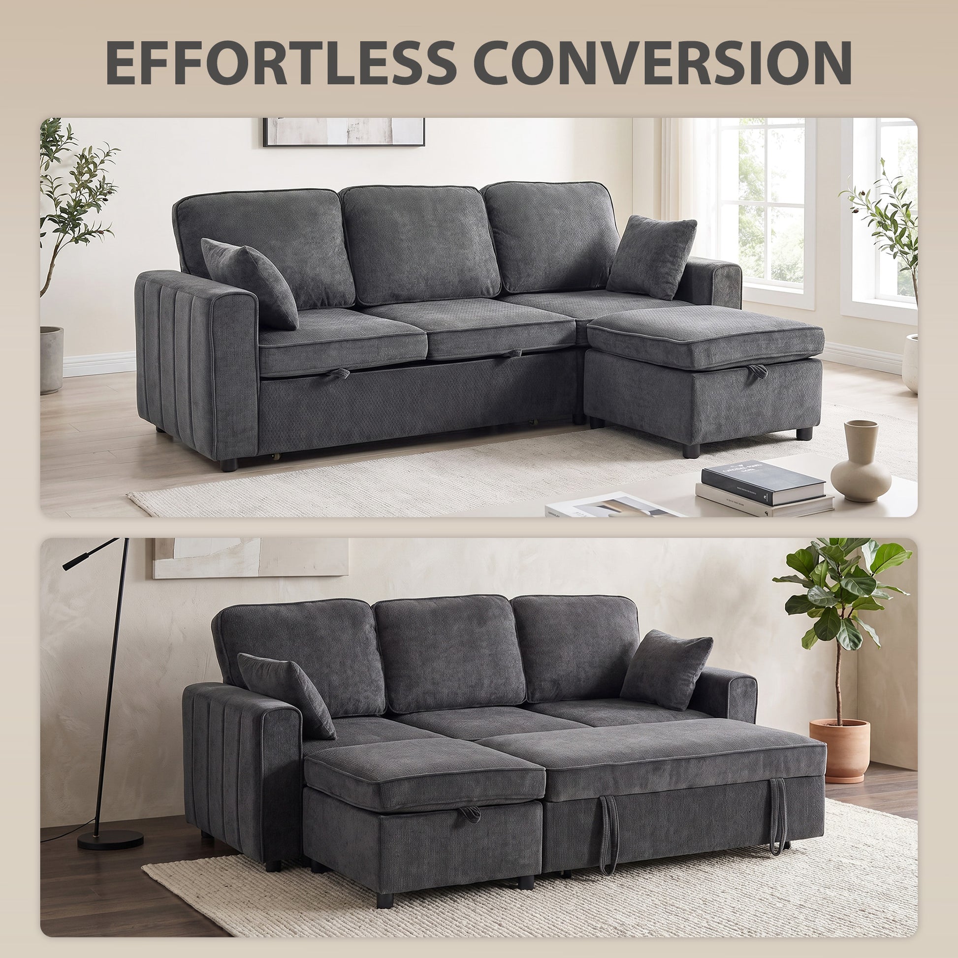 Modular Sectional Sofa Bed with Storage Ottoman - Dark Grey-Home Furnishings > Living Room Furniture > Sofas & Reclining Chairs-DECOROLALA