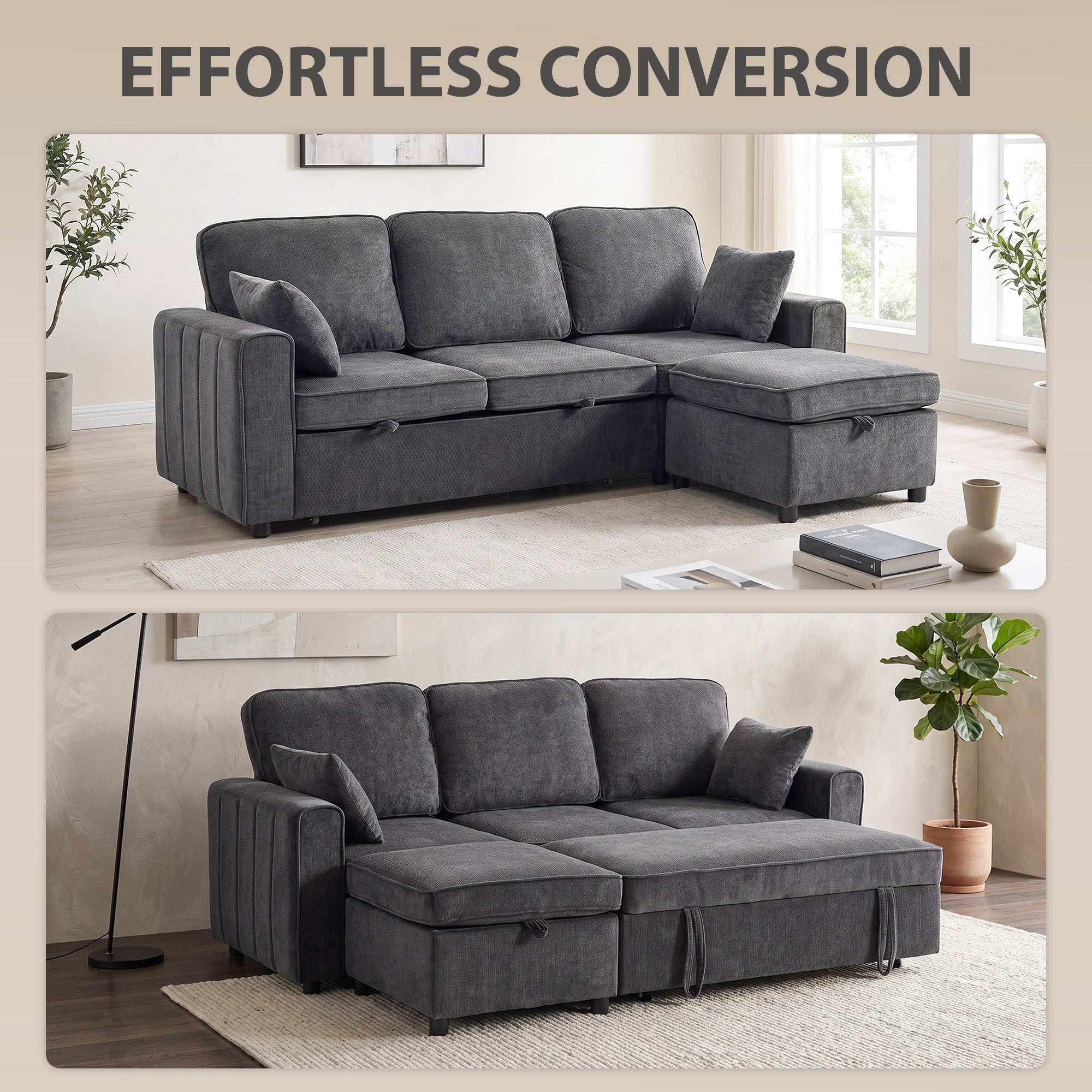 Modular Sectional Sofa Bed with Storage Ottoman - Dark Grey-Home Furnishings > Living Room Furniture > Sofas & Reclining Chairs-DECOROLALA