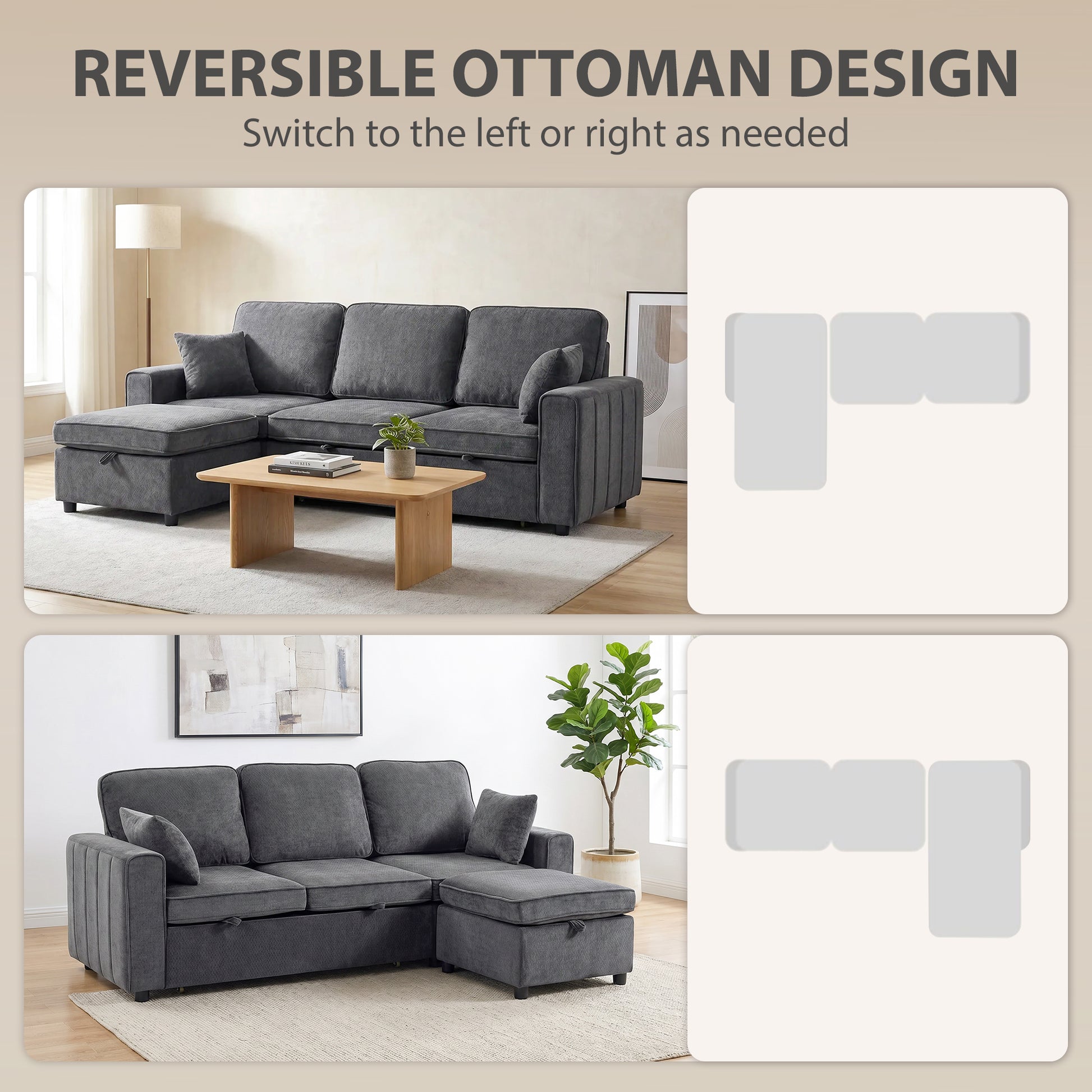 Modular Sectional Sofa Bed with Storage Ottoman - Dark Grey-Home Furnishings > Living Room Furniture > Sofas & Reclining Chairs-DECOROLALA