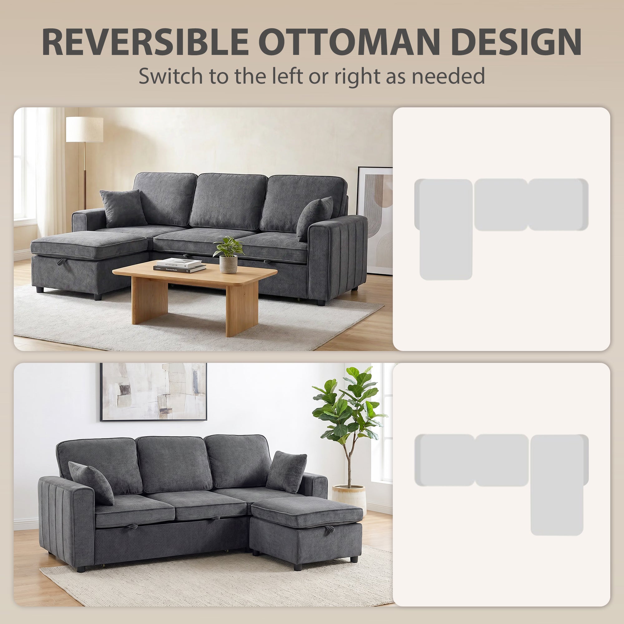 Modular Sectional Sofa Bed with Storage Ottoman - Dark Grey-Home Furnishings > Living Room Furniture > Sofas & Reclining Chairs-DECOROLALA