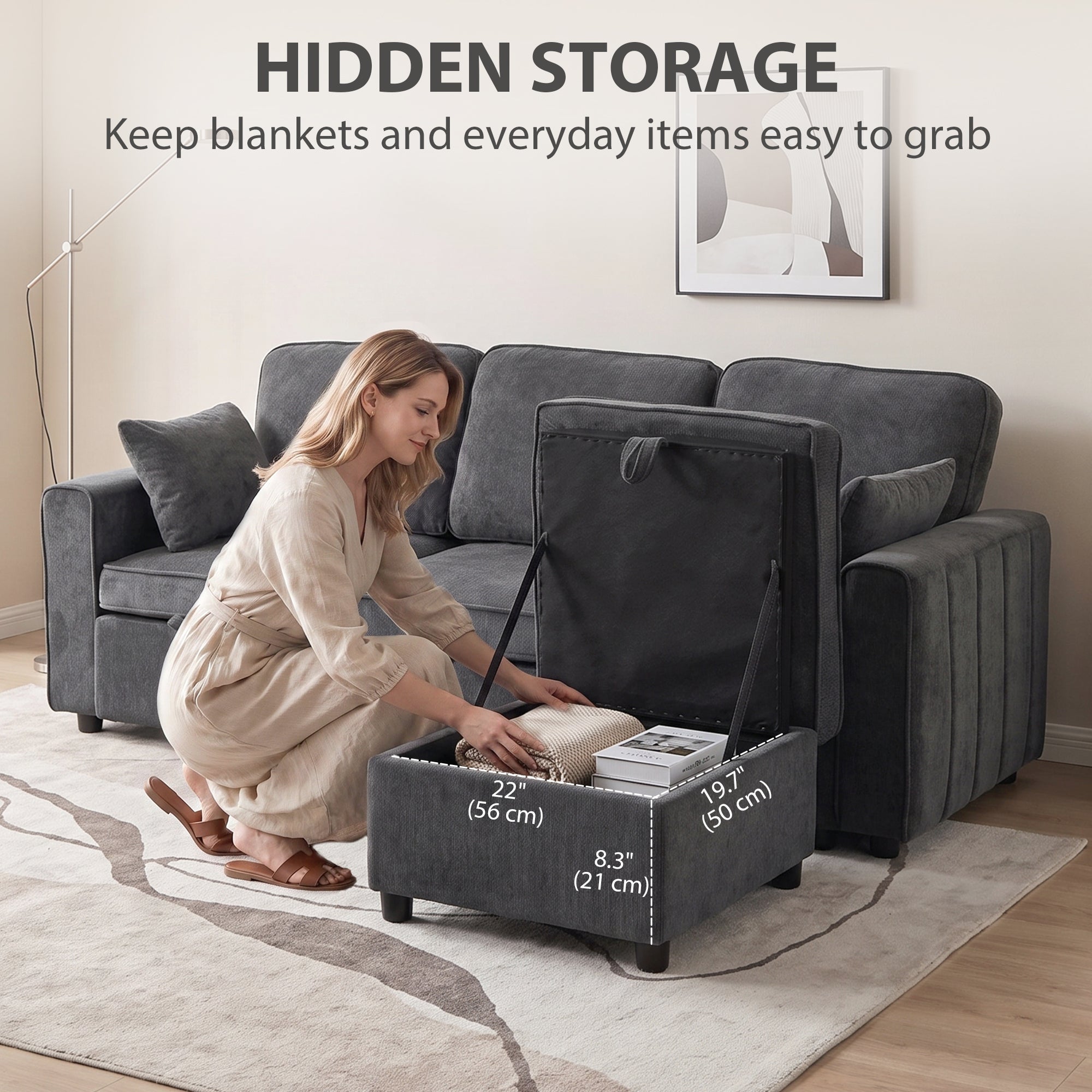 Modular Sectional Sofa Bed with Storage Ottoman - Dark Grey-Home Furnishings > Living Room Furniture > Sofas & Reclining Chairs-DECOROLALA