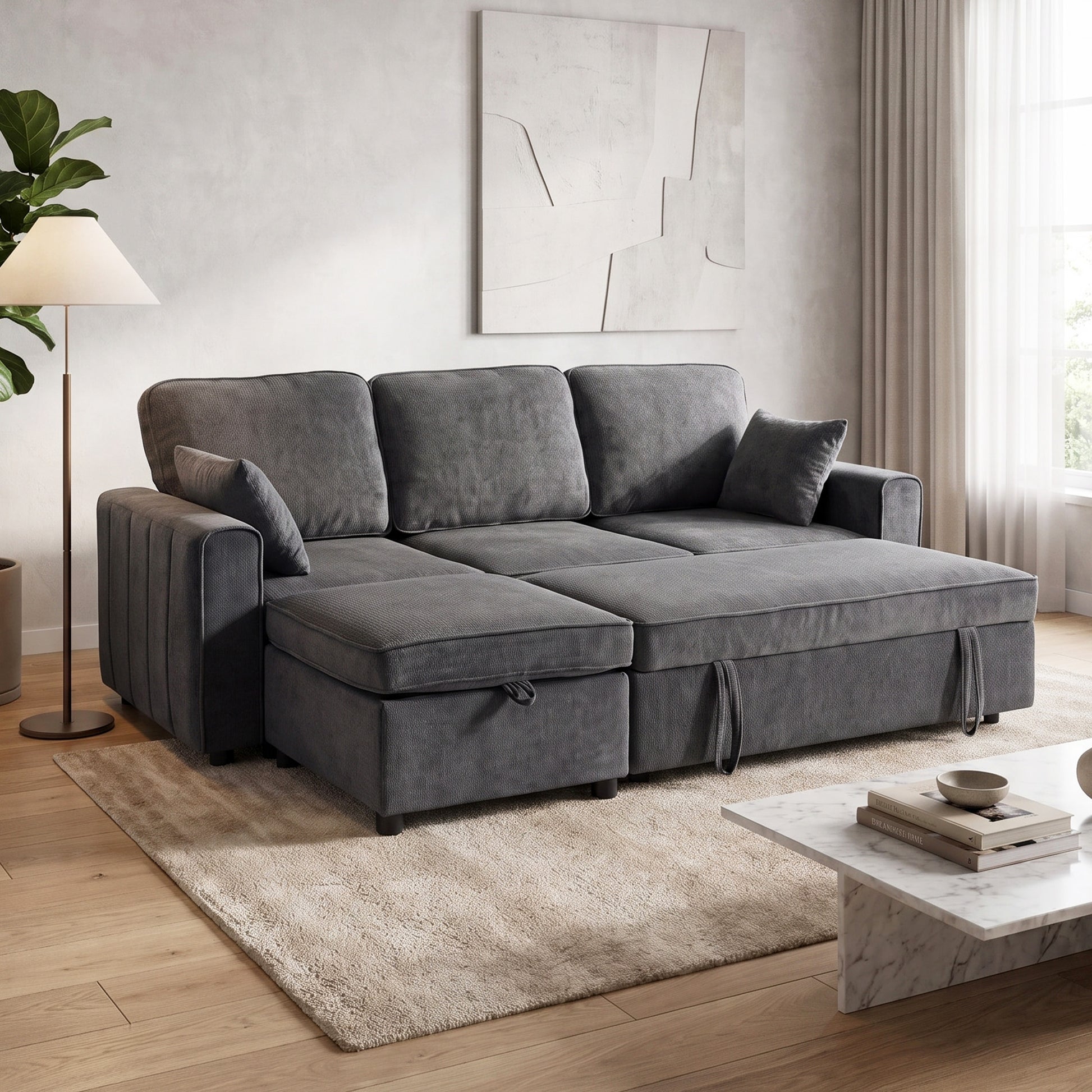 Modular Sectional Sofa Bed with Storage Ottoman - Dark Grey-Home Furnishings > Living Room Furniture > Sofas & Reclining Chairs-DECOROLALA