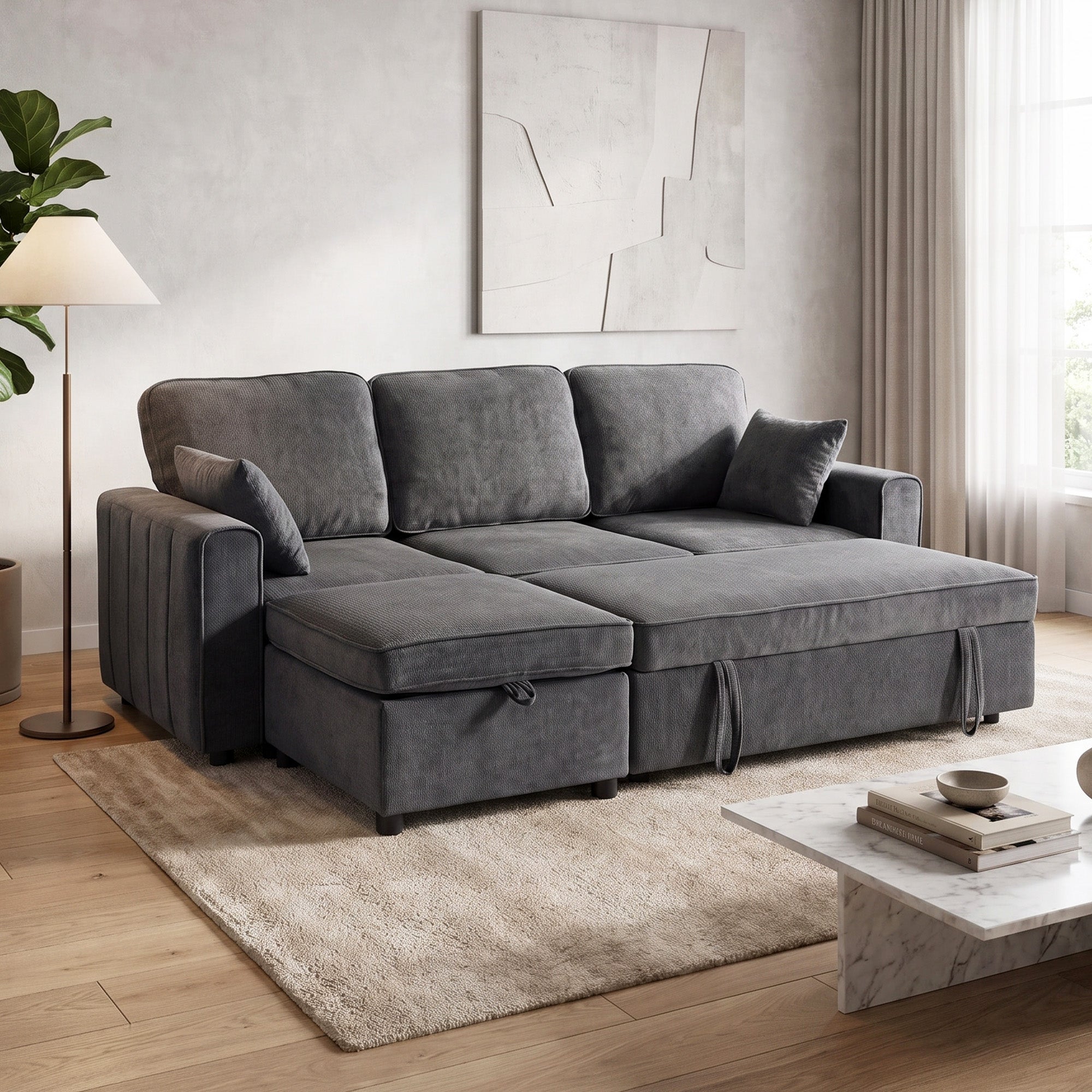 Modular Sectional Sofa Bed with Storage Ottoman - Dark Grey-Home Furnishings > Living Room Furniture > Sofas & Reclining Chairs-DECOROLALA
