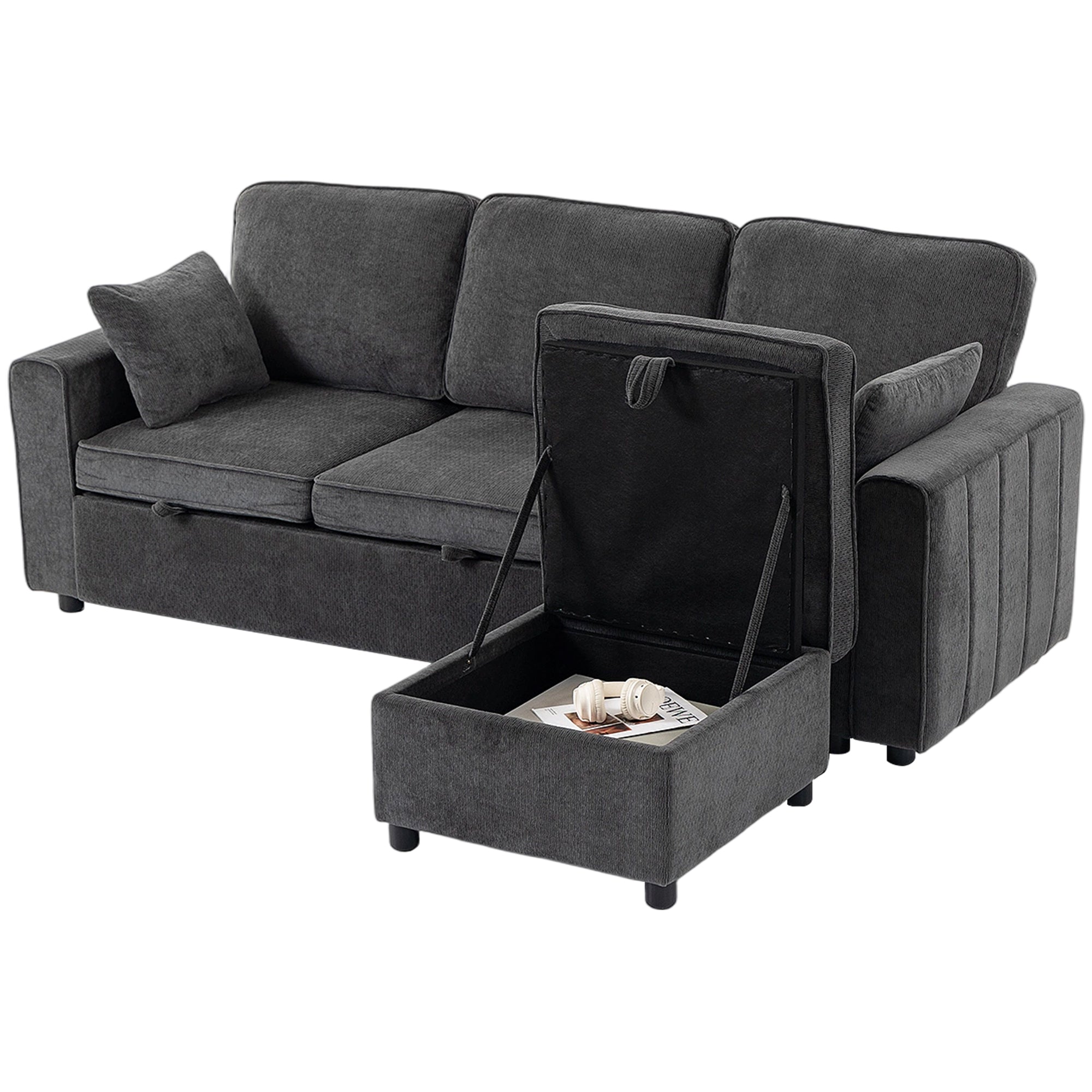 Modular Sectional Sofa Bed with Storage Ottoman - Dark Grey-Home Furnishings > Living Room Furniture > Sofas & Reclining Chairs-DECOROLALA