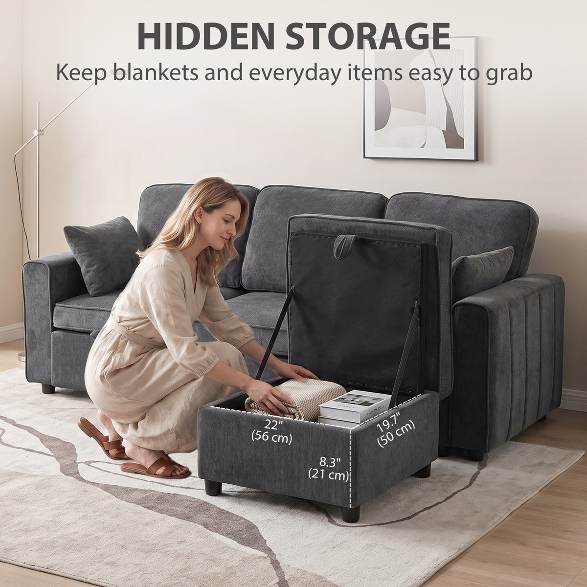 Modular Sectional Sofa Bed with Storage Ottoman - Dark Grey-Sofas & Recliners-DECOROLALA