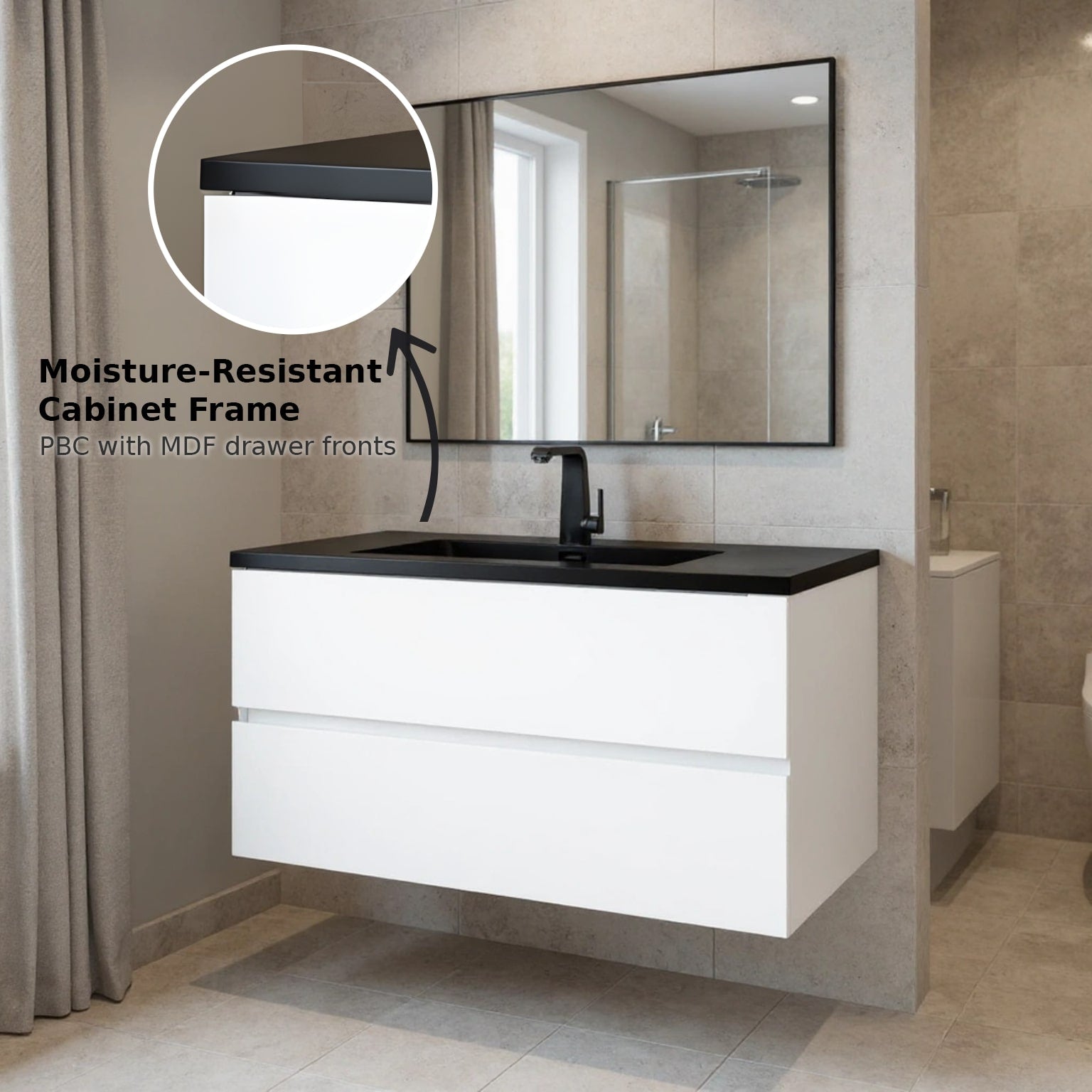 36" White Wall Mount Bathroom Vanity with Black Engineered Quartz Countertop