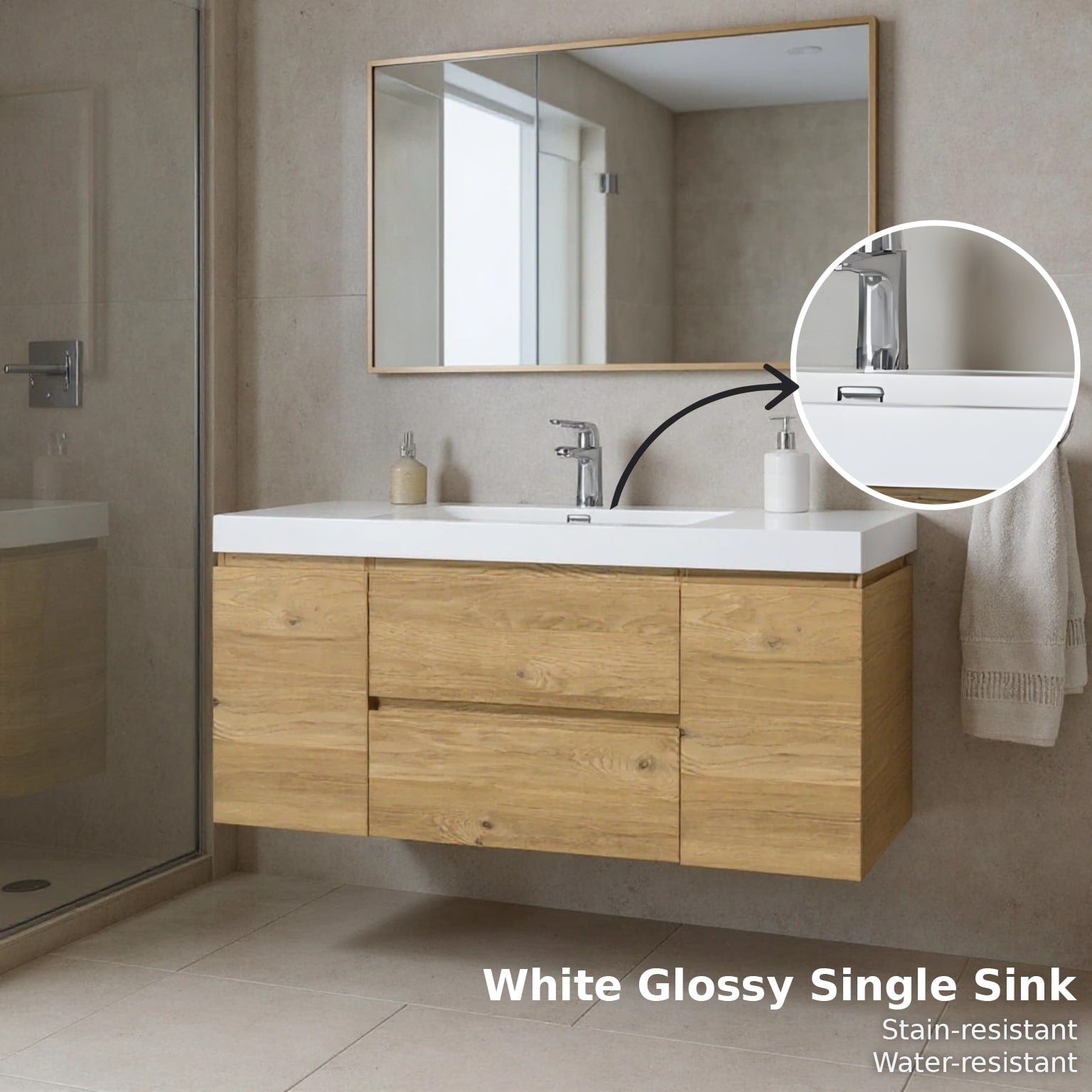 48" Rough Oak Wall Mount Single Sink Bathroom Vanity with White Polymarble Countertop