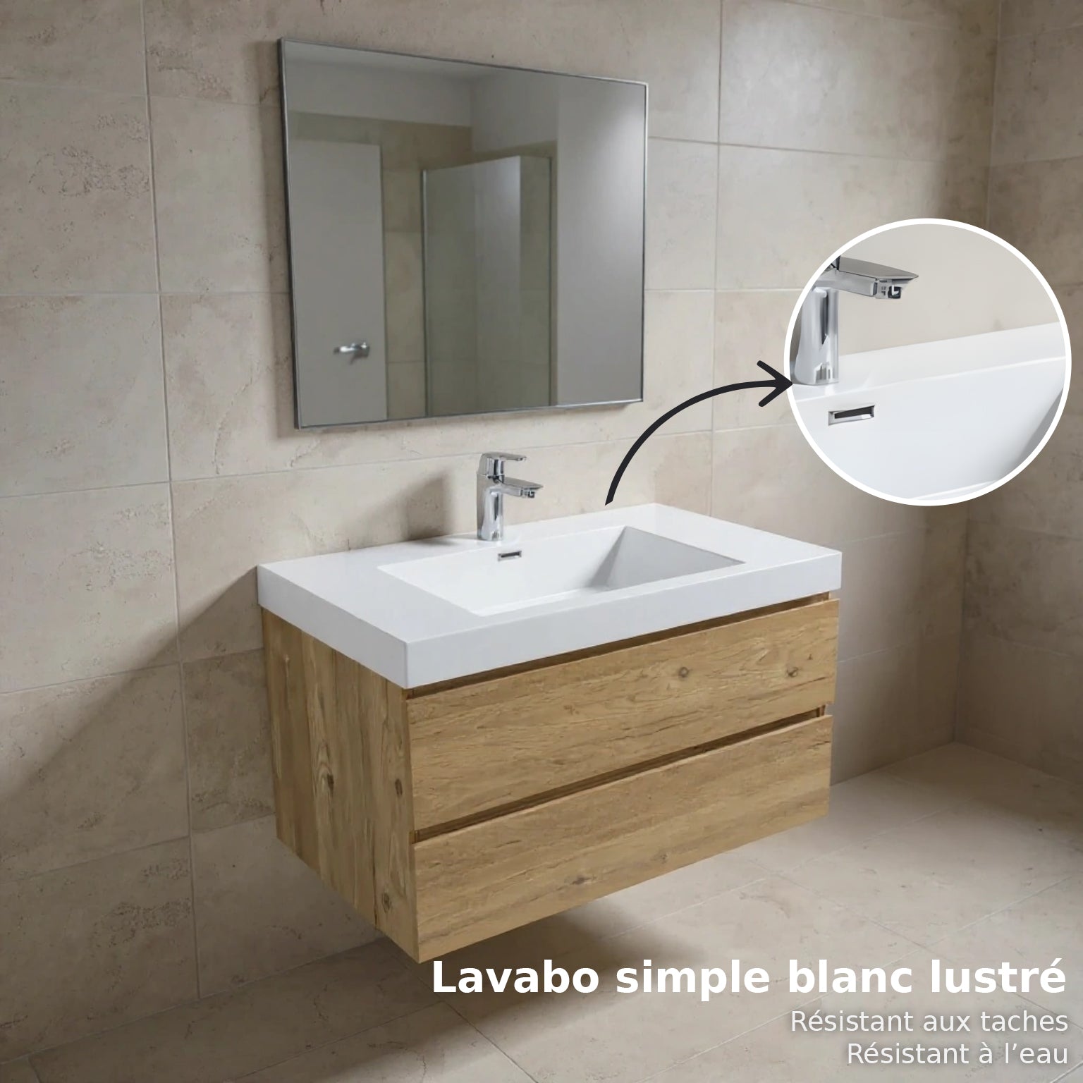 36" Rough Oak Wall Mount Bathroom Vanity with White Polymarble Countertop