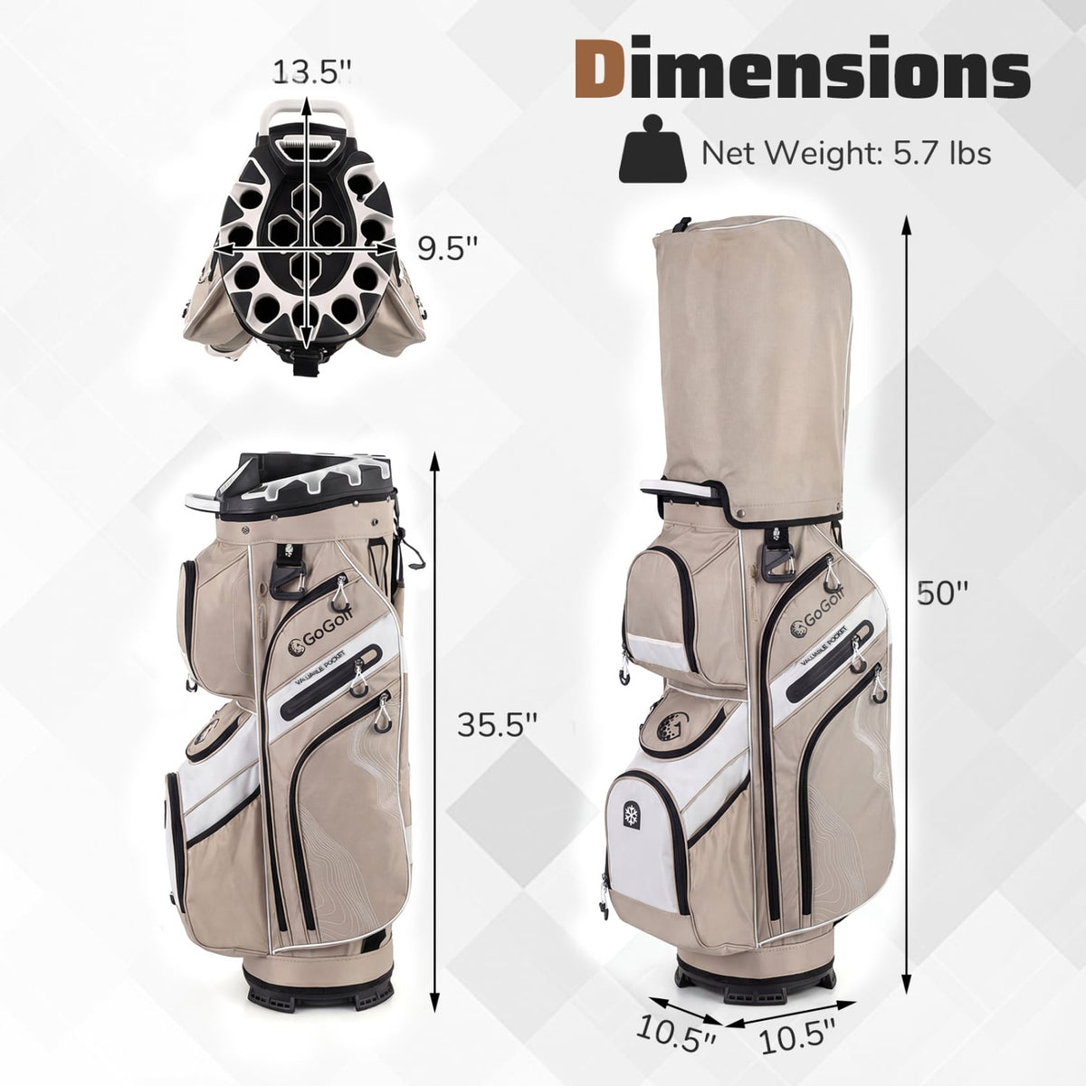 Molded Lock Top Golf Cart Bag with 14-Way Full Length Dividers and 11 Pockets-Khaki-Golf-DECOROLALA
