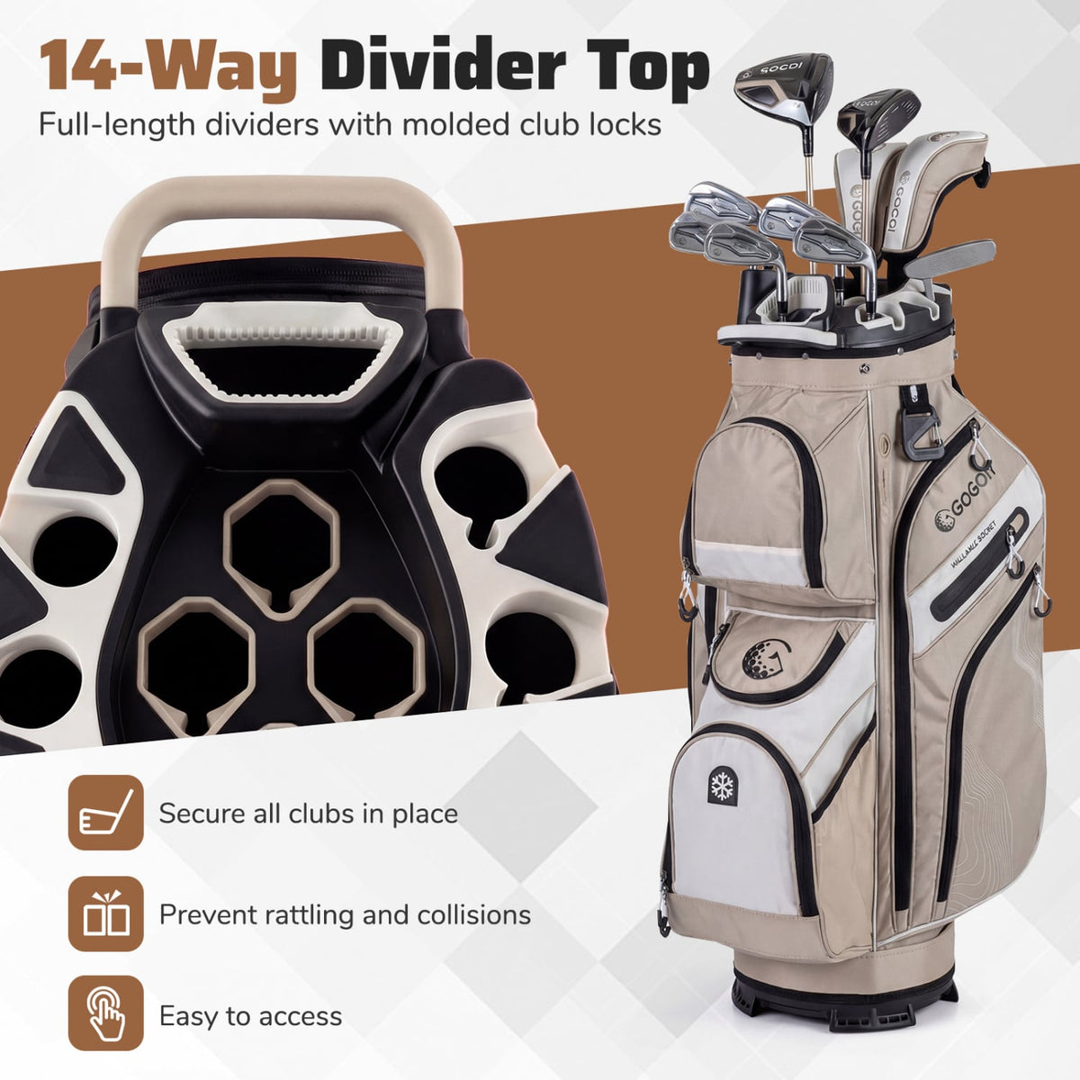 Molded Lock Top Golf Cart Bag with 14-Way Full Length Dividers and 11 Pockets-Khaki-Golf-DECOROLALA