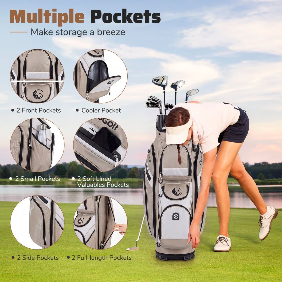 Molded Lock Top Golf Cart Bag with 14-Way Full Length Dividers and 11 Pockets-Khaki-Golf-DECOROLALA