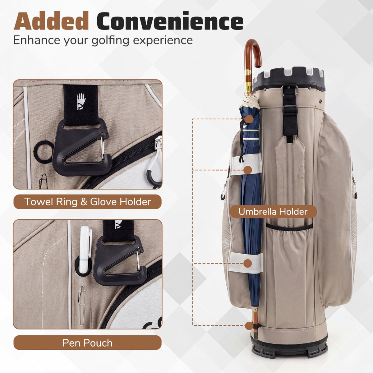 Molded Lock Top Golf Cart Bag with 14-Way Full Length Dividers and 11 Pockets-Khaki-Golf-DECOROLALA