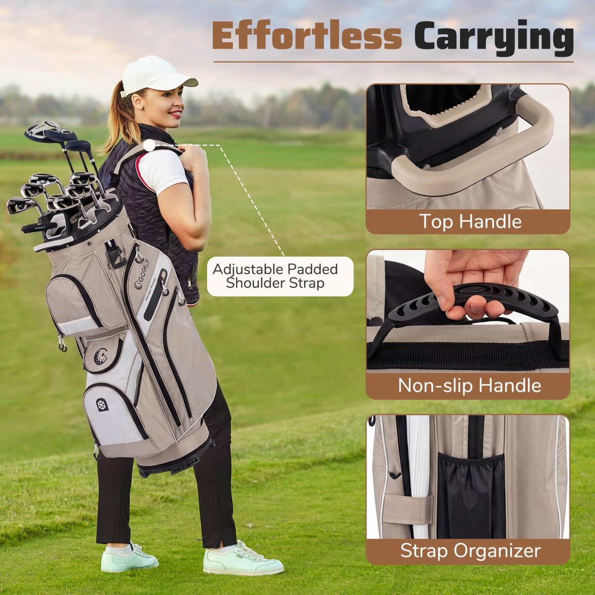 Molded Lock Top Golf Cart Bag with 14-Way Full Length Dividers and 11 Pockets-Khaki-Golf-DECOROLALA