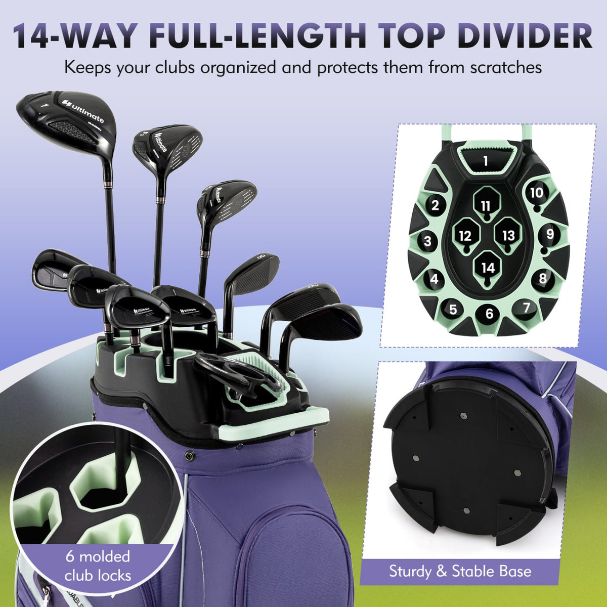 Molded Lock Top Golf Cart Bag with 14-Way Full Length Dividers and 11 Pockets-Purple-Golf-DECOROLALA