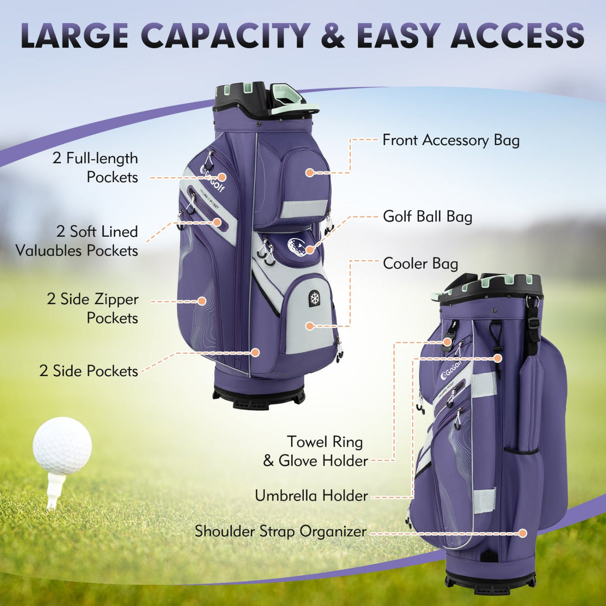 Molded Lock Top Golf Cart Bag with 14-Way Full Length Dividers and 11 Pockets-Purple-Golf-DECOROLALA