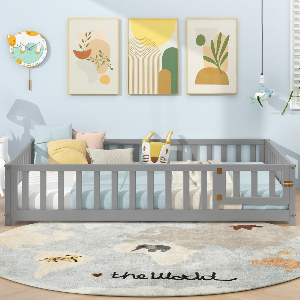 Montessori Bed Frame with Full-length Guardrails Safety Door and Latch-Gray-Toddler Beds-DECOROLALA