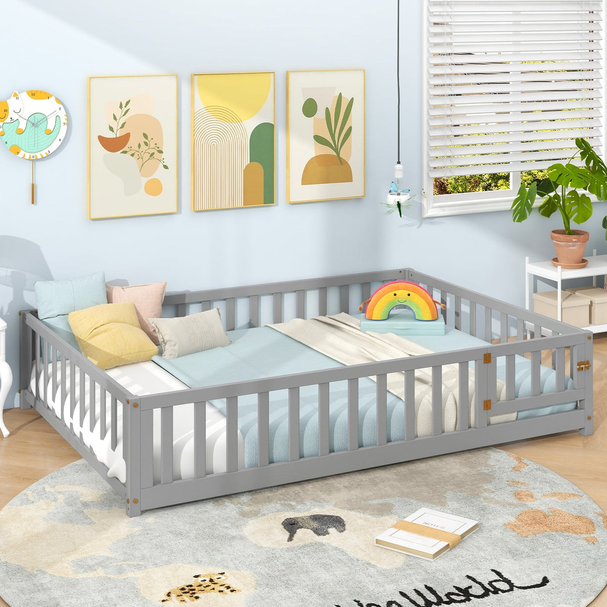Montessori Bed Frame with Full-length Guardrails Safety Door and Latch-Gray-Toddler Beds-DECOROLALA