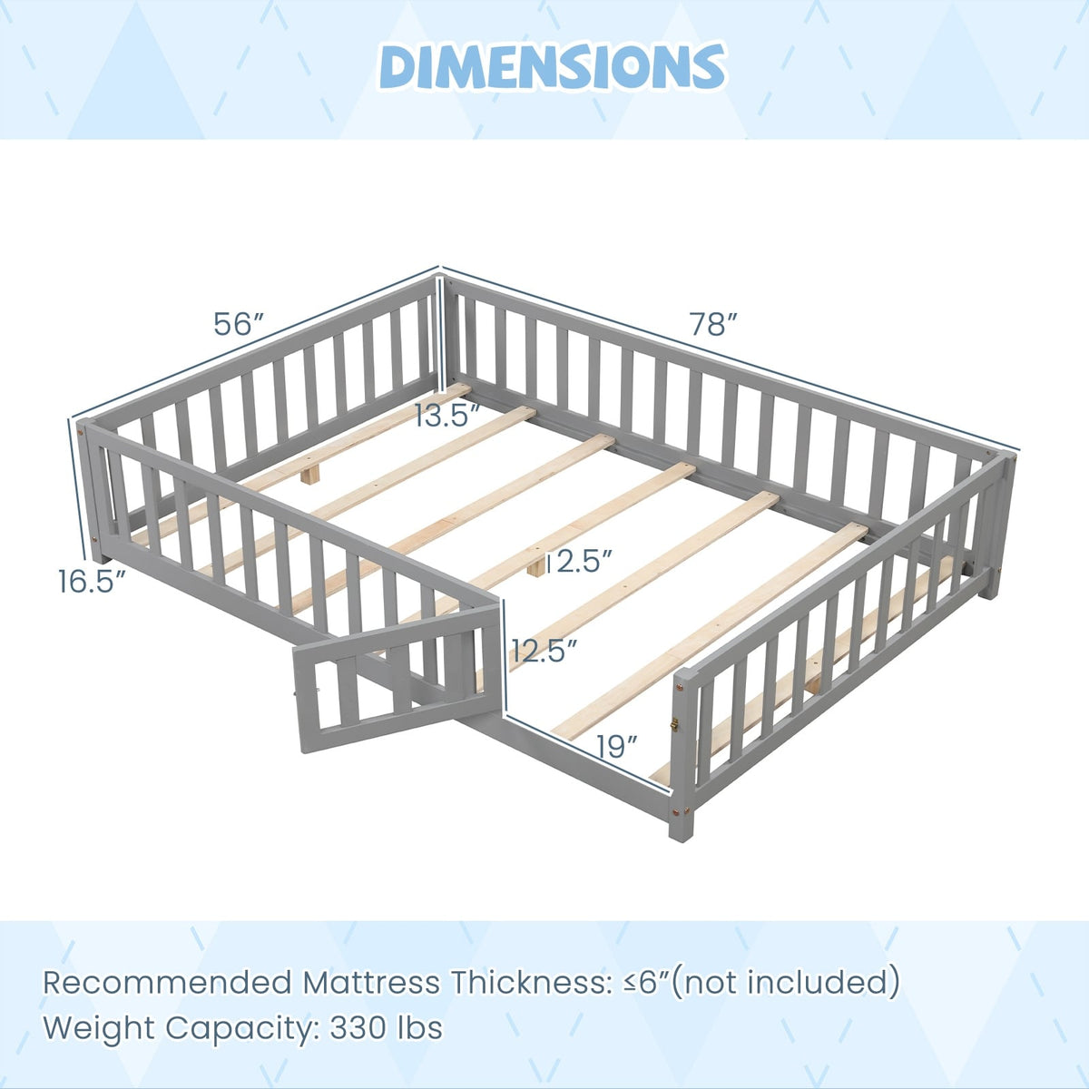 Montessori Bed Frame with Full-length Guardrails Safety Door and Latch-Gray-Toddler Beds-DECOROLALA