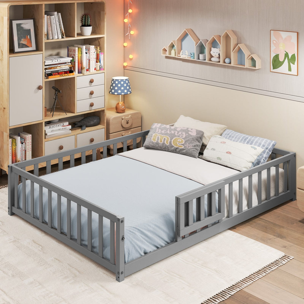 Montessori Bed Frame with Full-length Guardrails Safety Door and Latch-Gray-Toddler Beds-DECOROLALA