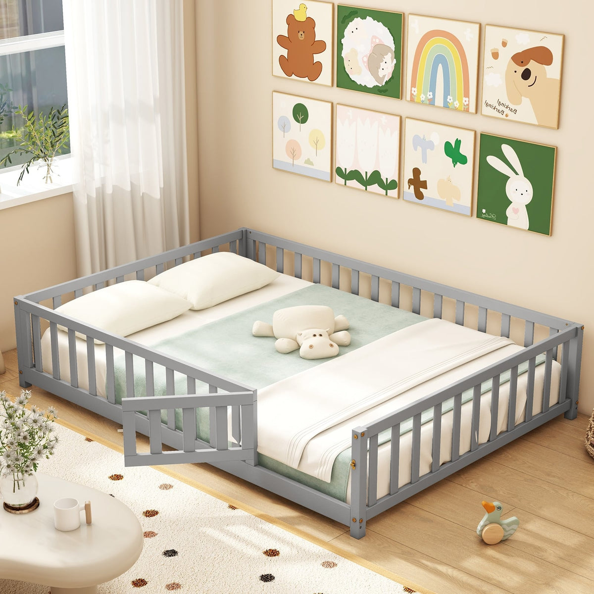 Montessori Bed Frame with Full-length Guardrails Safety Door and Latch-Gray-Toddler Beds-DECOROLALA