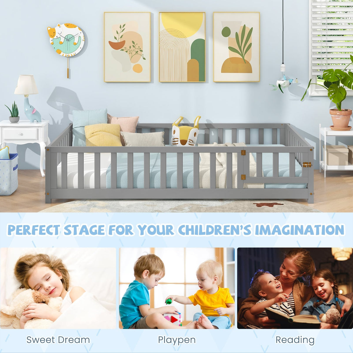 Montessori Bed Frame with Full-length Guardrails Safety Door and Latch-Gray-Toddler Beds-DECOROLALA