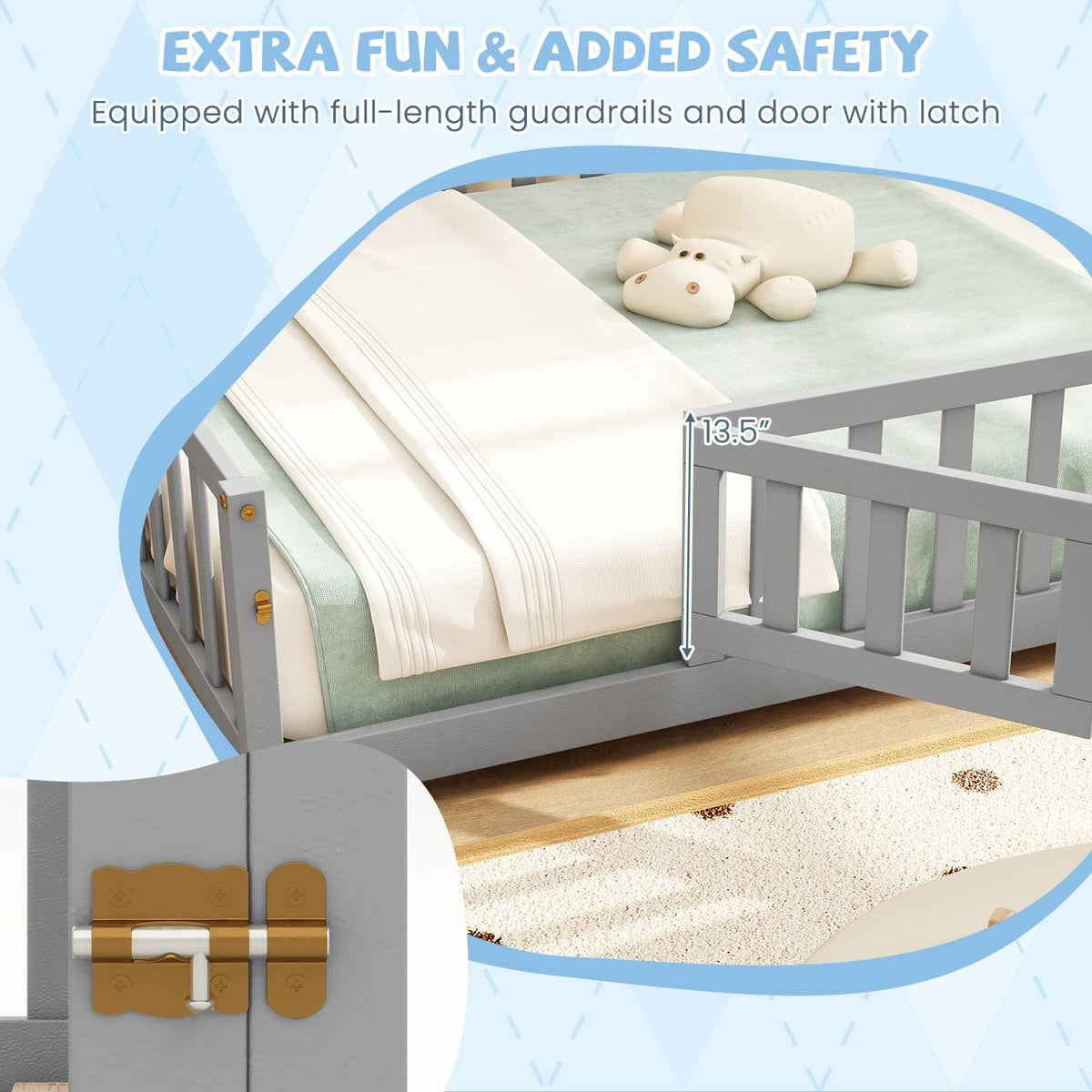 Montessori Bed Frame with Full-length Guardrails Safety Door and Latch-Gray-Toddler Beds-DECOROLALA