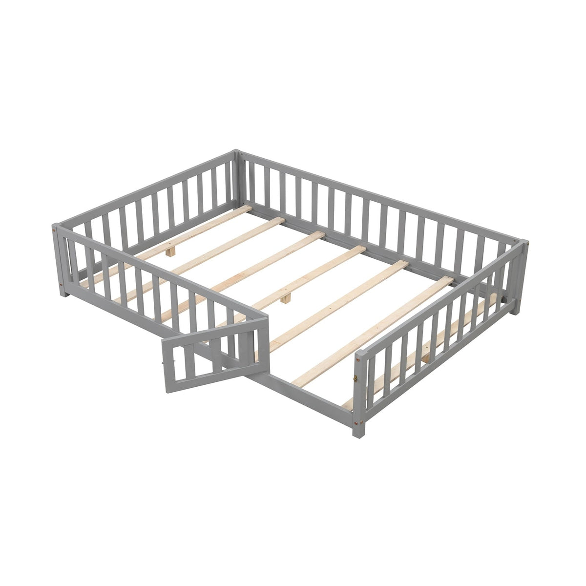 Montessori Bed Frame with Full-length Guardrails Safety Door and Latch-Gray-Toddler Beds-DECOROLALA