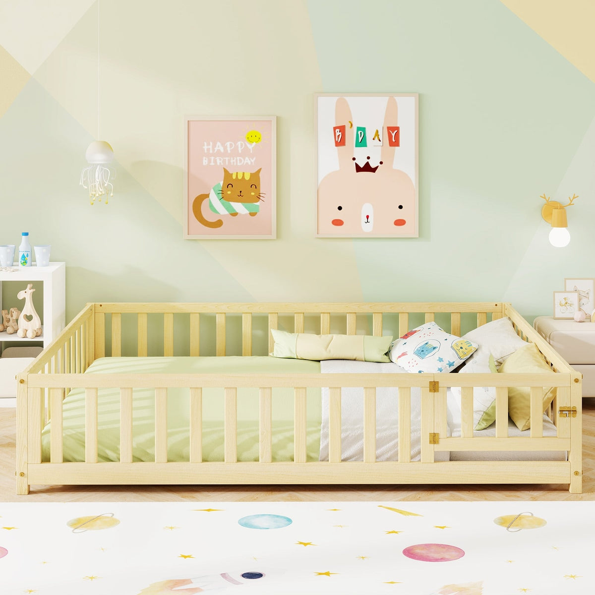 Montessori Bed Frame with Full-length Guardrails Safety Door and Latch-Natural-Toddler Beds-DECOROLALA