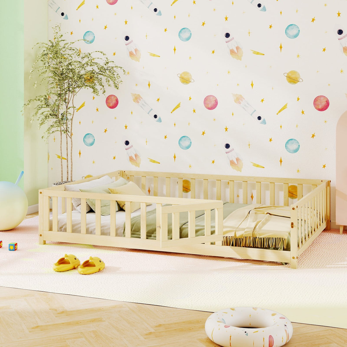 Montessori Bed Frame with Full-length Guardrails Safety Door and Latch-Natural-Toddler Beds-DECOROLALA