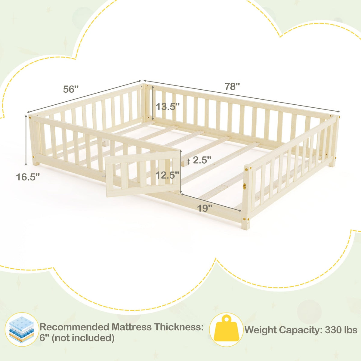 Montessori Bed Frame with Full-length Guardrails Safety Door and Latch-Natural-Toddler Beds-DECOROLALA