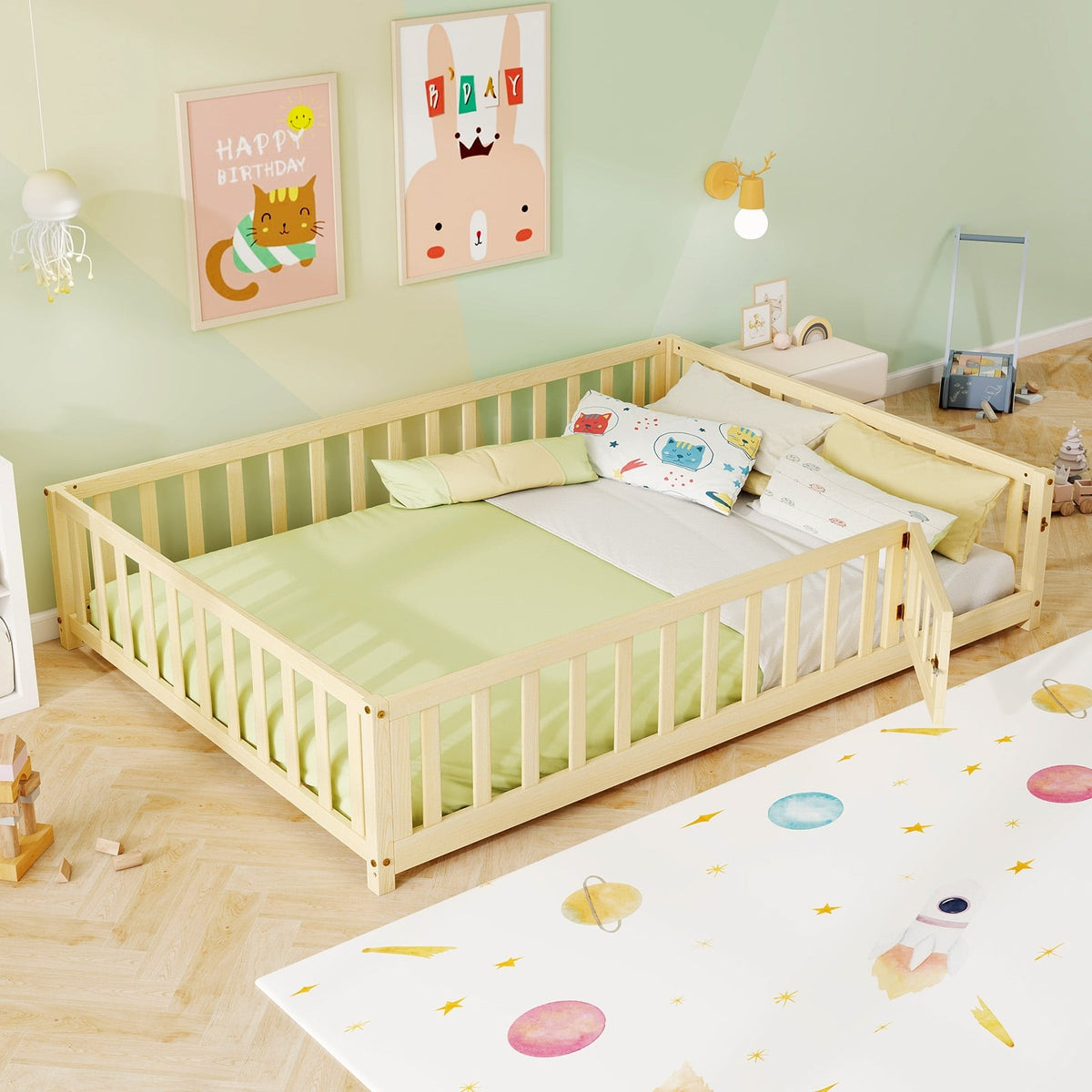 Montessori Bed Frame with Full-length Guardrails Safety Door and Latch-Natural-Toddler Beds-DECOROLALA