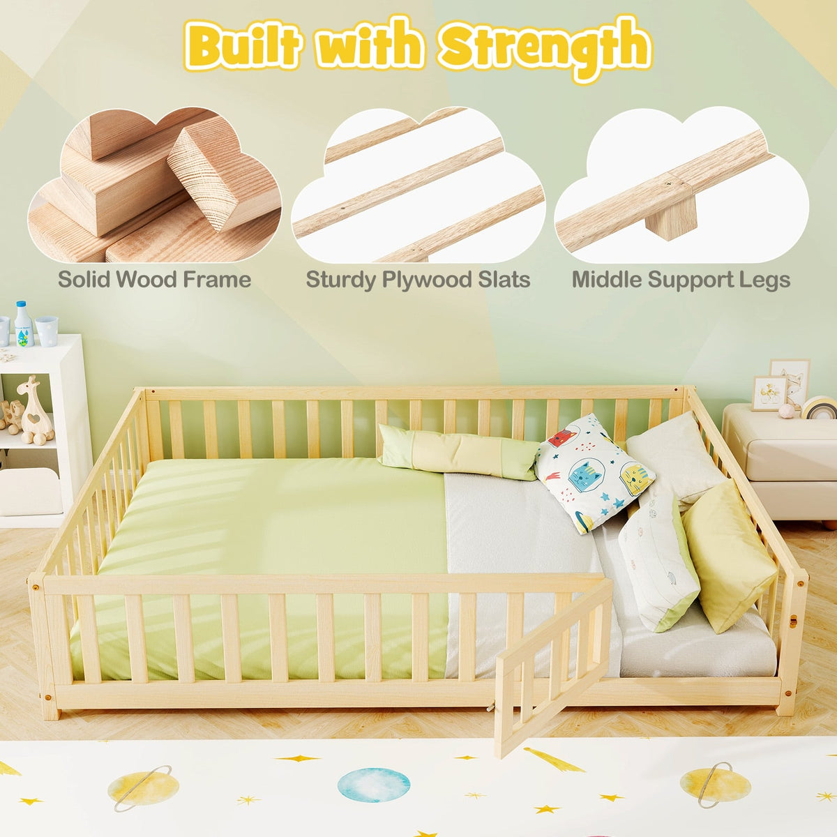 Montessori Bed Frame with Full-length Guardrails Safety Door and Latch-Natural-Toddler Beds-DECOROLALA