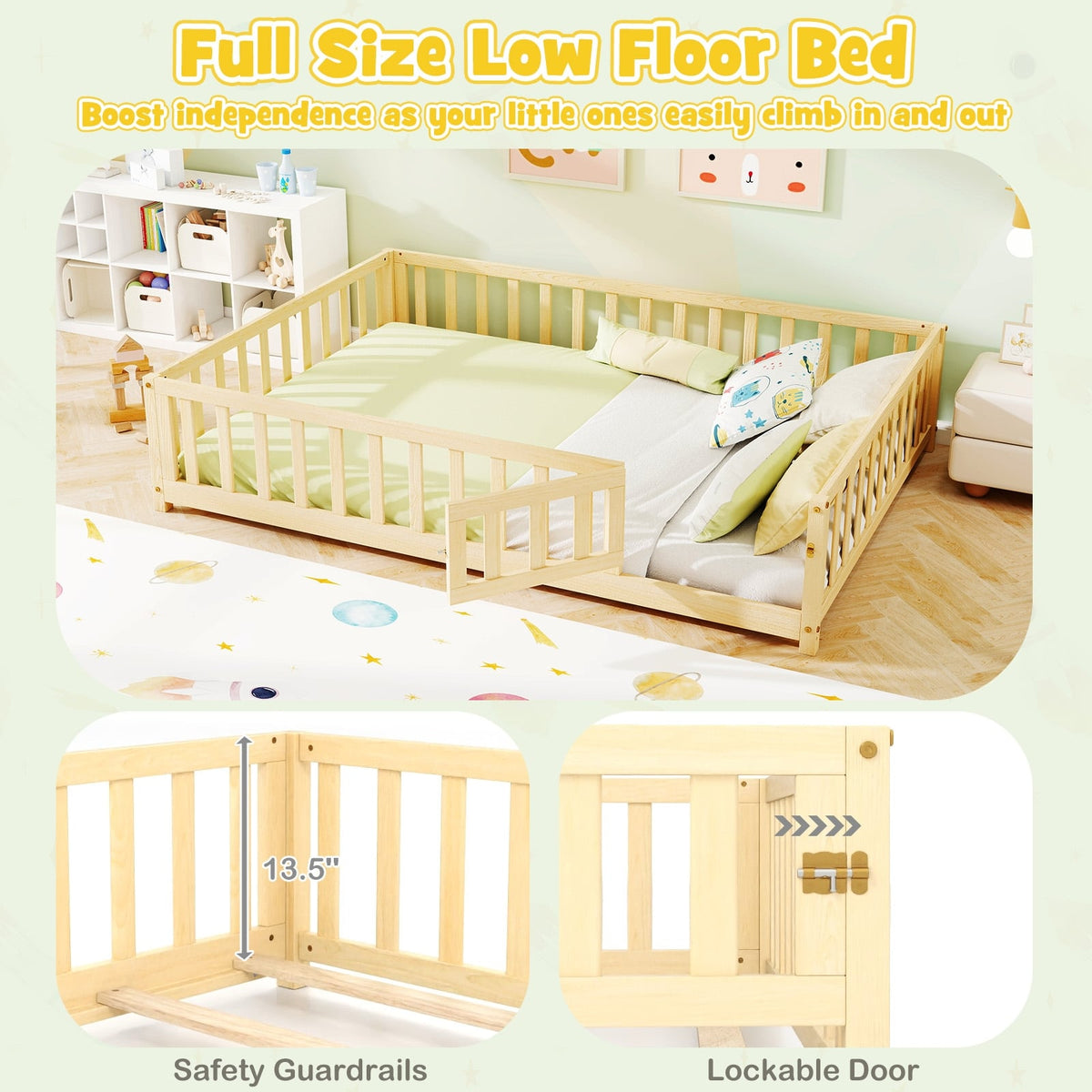 Montessori Bed Frame with Full-length Guardrails Safety Door and Latch-Natural-Toddler Beds-DECOROLALA
