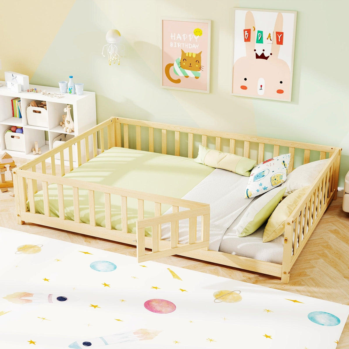 Montessori Bed Frame with Full-length Guardrails Safety Door and Latch-Natural-Toddler Beds-DECOROLALA
