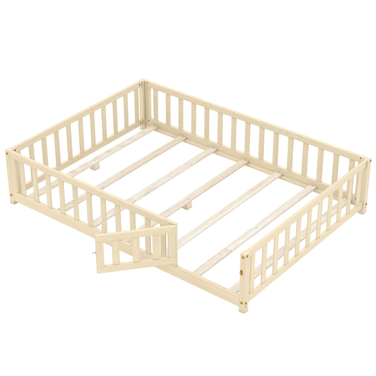 Montessori Bed Frame with Full-length Guardrails Safety Door and Latch-Natural-Toddler Beds-DECOROLALA