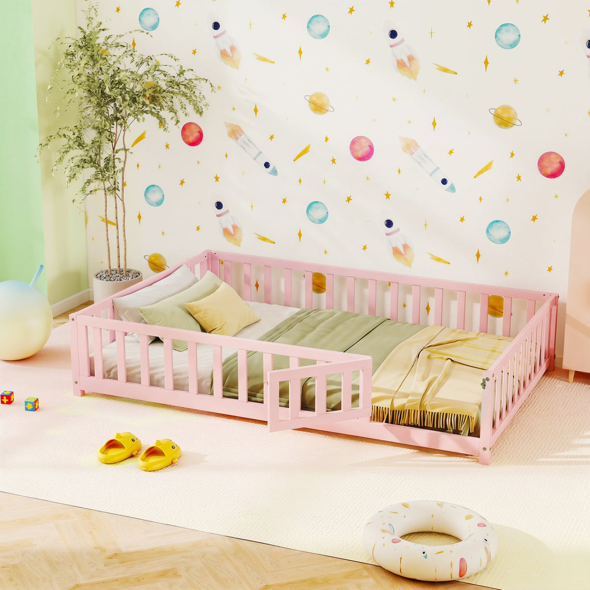 Montessori Bed Frame with Full-length Guardrails Safety Door and Latch-Pink-Toddler Beds-DECOROLALA