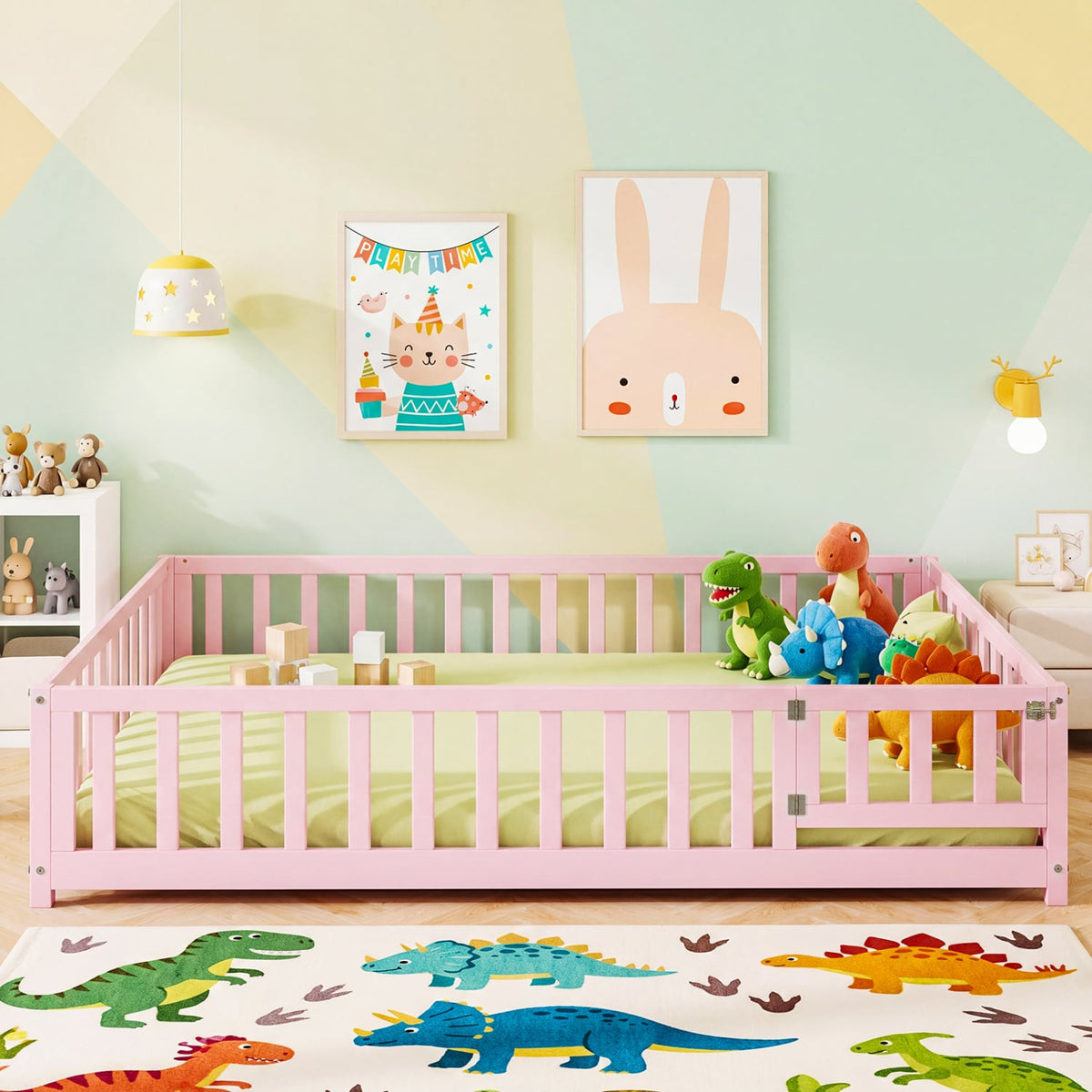 Montessori Bed Frame with Full-length Guardrails Safety Door and Latch-Pink-Toddler Beds-DECOROLALA