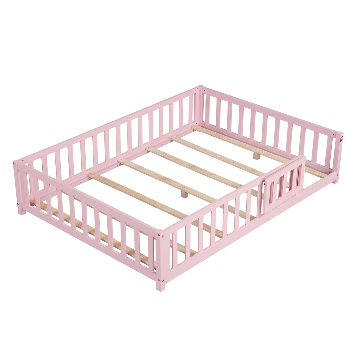 Montessori Bed Frame with Full-length Guardrails Safety Door and Latch-Pink-Toddler Beds-DECOROLALA