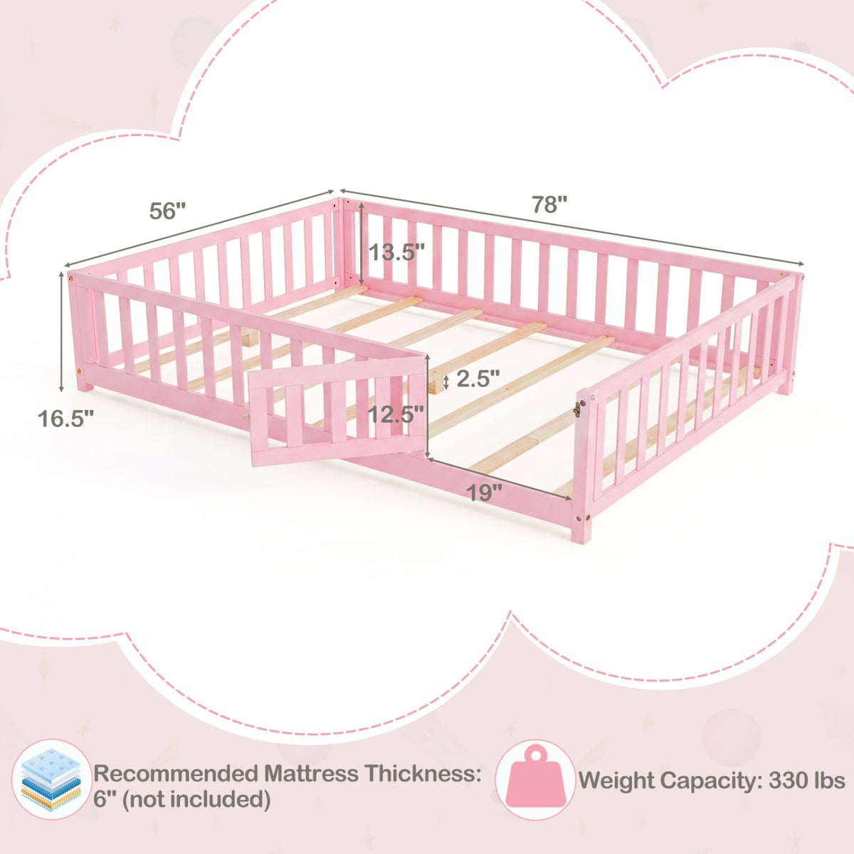 Montessori Bed Frame with Full-length Guardrails Safety Door and Latch-Pink-Toddler Beds-DECOROLALA