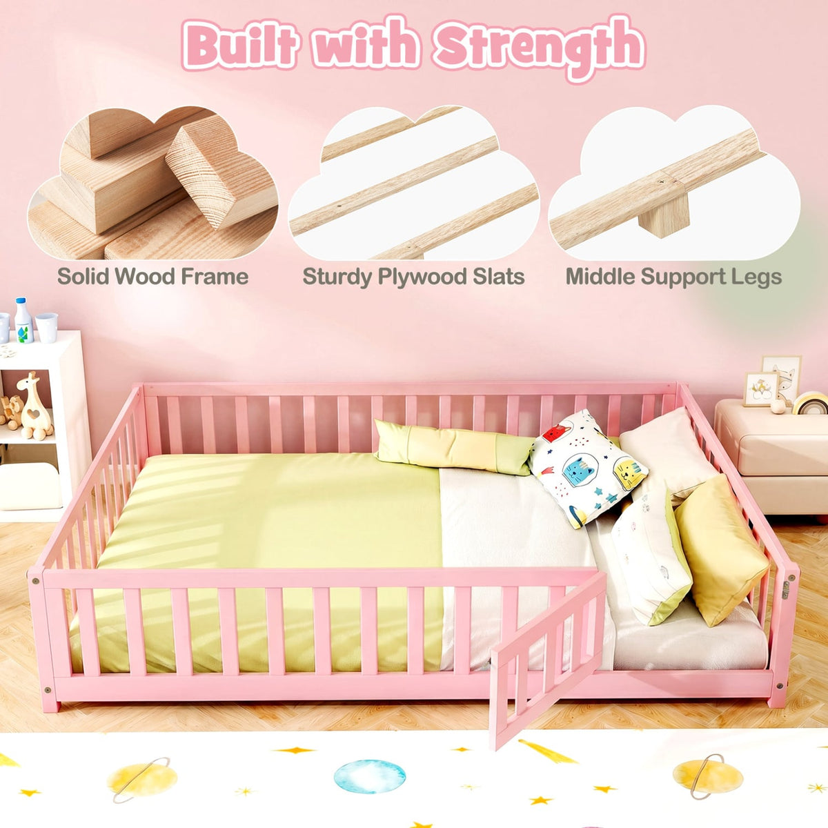 Montessori Bed Frame with Full-length Guardrails Safety Door and Latch-Pink-Toddler Beds-DECOROLALA