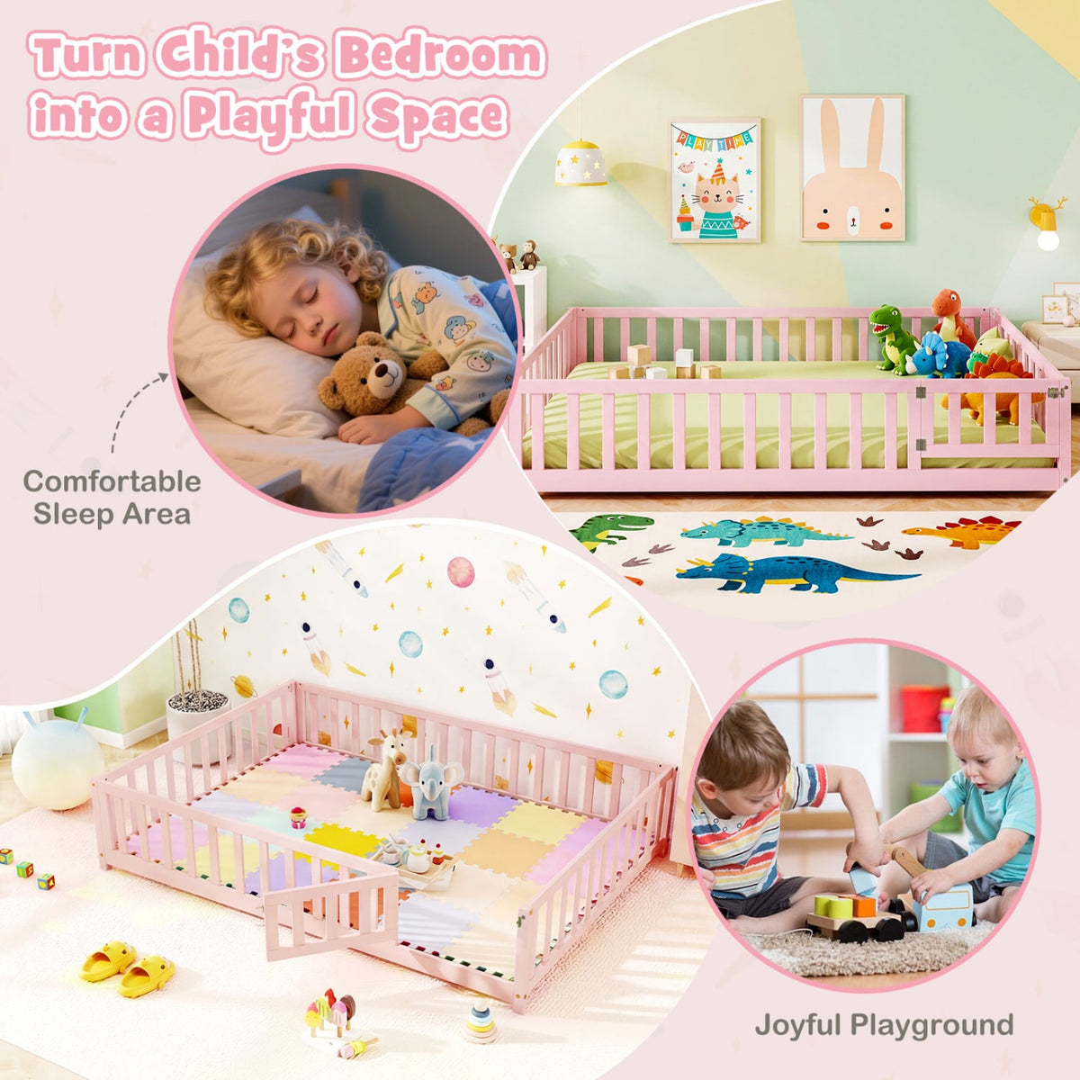 Montessori Bed Frame with Full-length Guardrails Safety Door and Latch-Pink-Toddler Beds-DECOROLALA