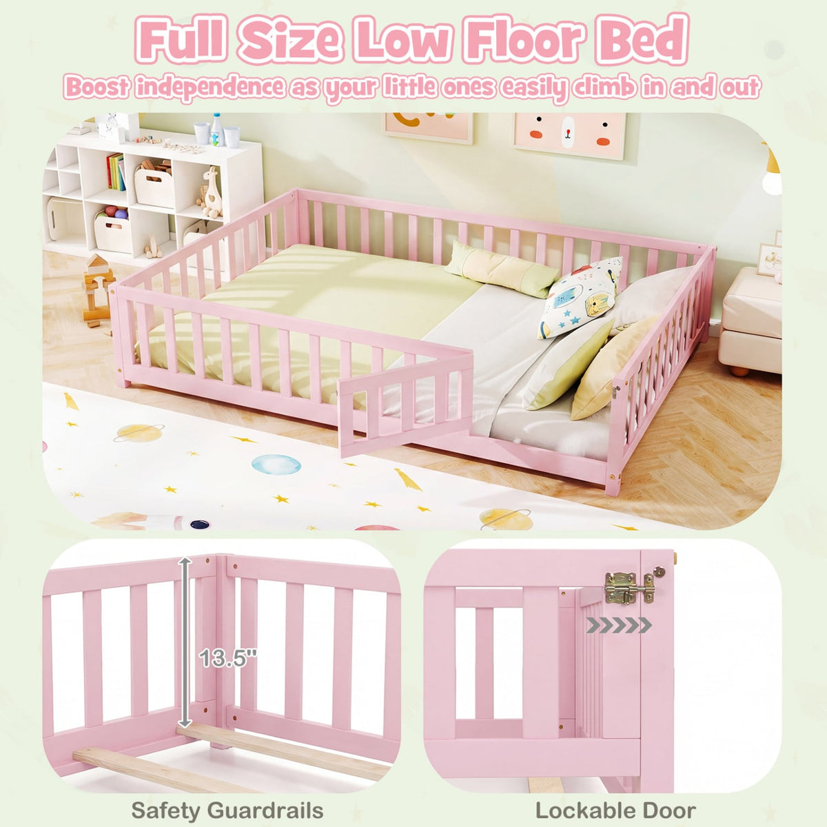 Montessori Bed Frame with Full-length Guardrails Safety Door and Latch-Pink-Toddler Beds-DECOROLALA