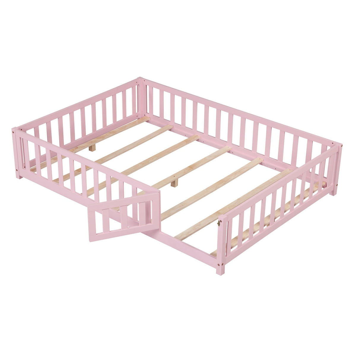 Montessori Bed Frame with Full-length Guardrails Safety Door and Latch-Pink-Toddler Beds-DECOROLALA