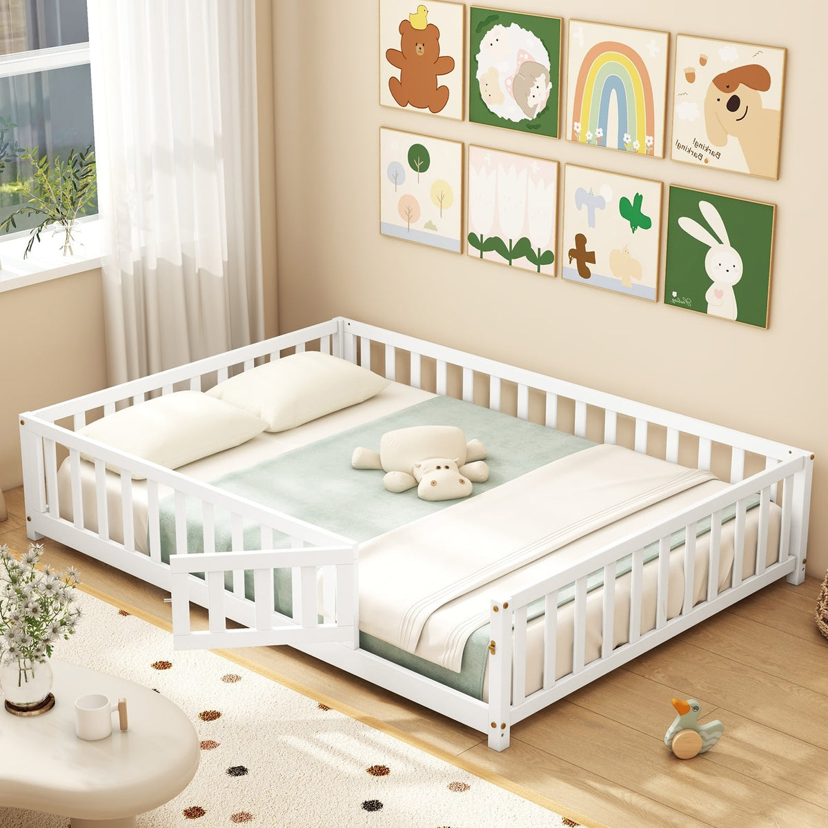 Montessori Bed Frame with Full-length Guardrails Safety Door and Latch-White-Toddler Beds-DECOROLALA