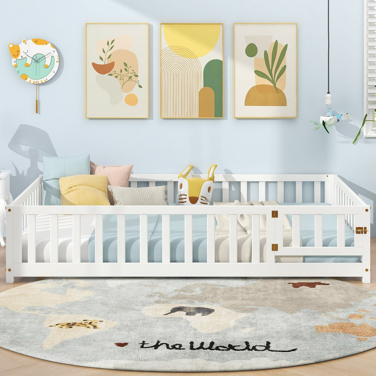 Montessori Bed Frame with Full-length Guardrails Safety Door and Latch-White-Toddler Beds-DECOROLALA