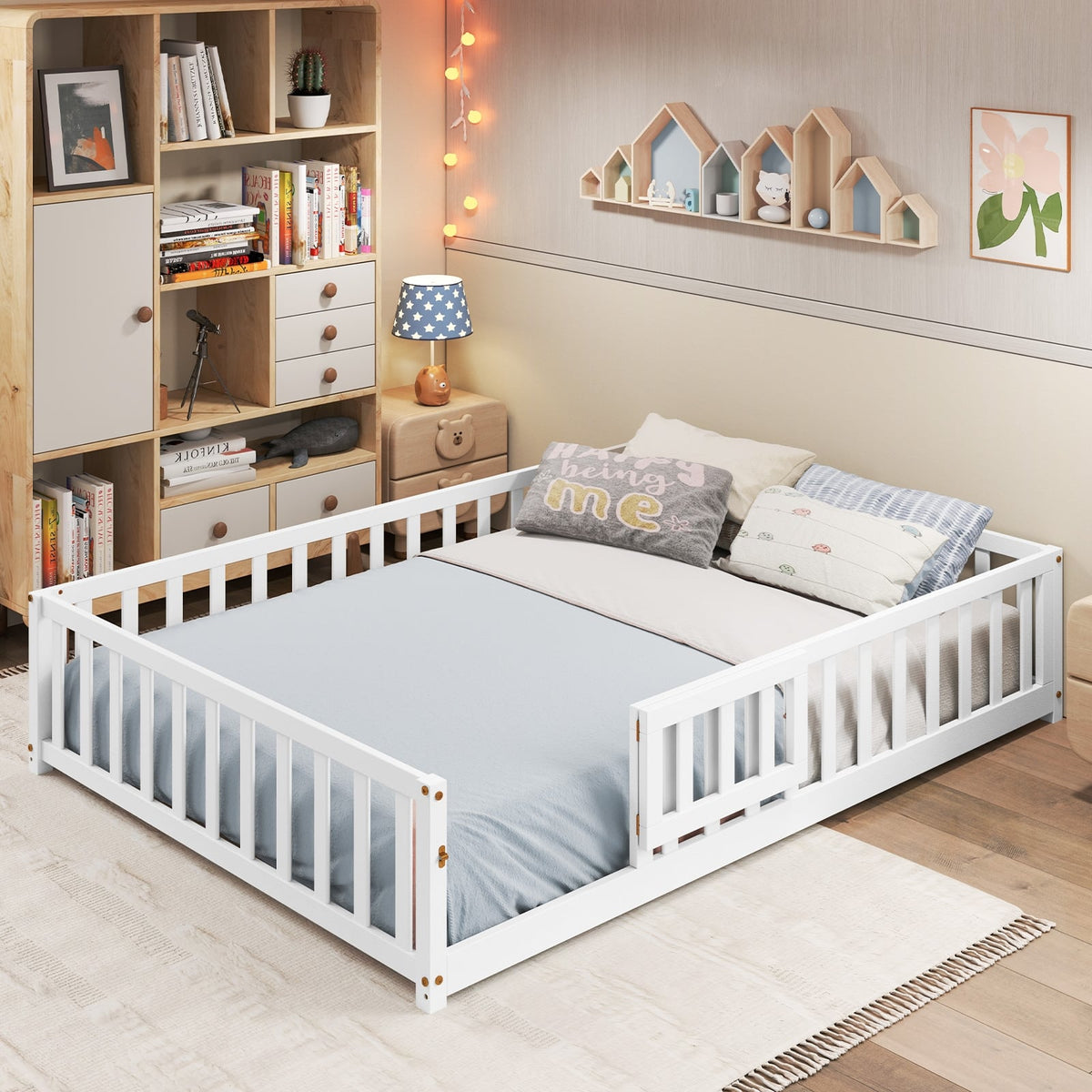 Montessori Bed Frame with Full-length Guardrails Safety Door and Latch-White-Toddler Beds-DECOROLALA