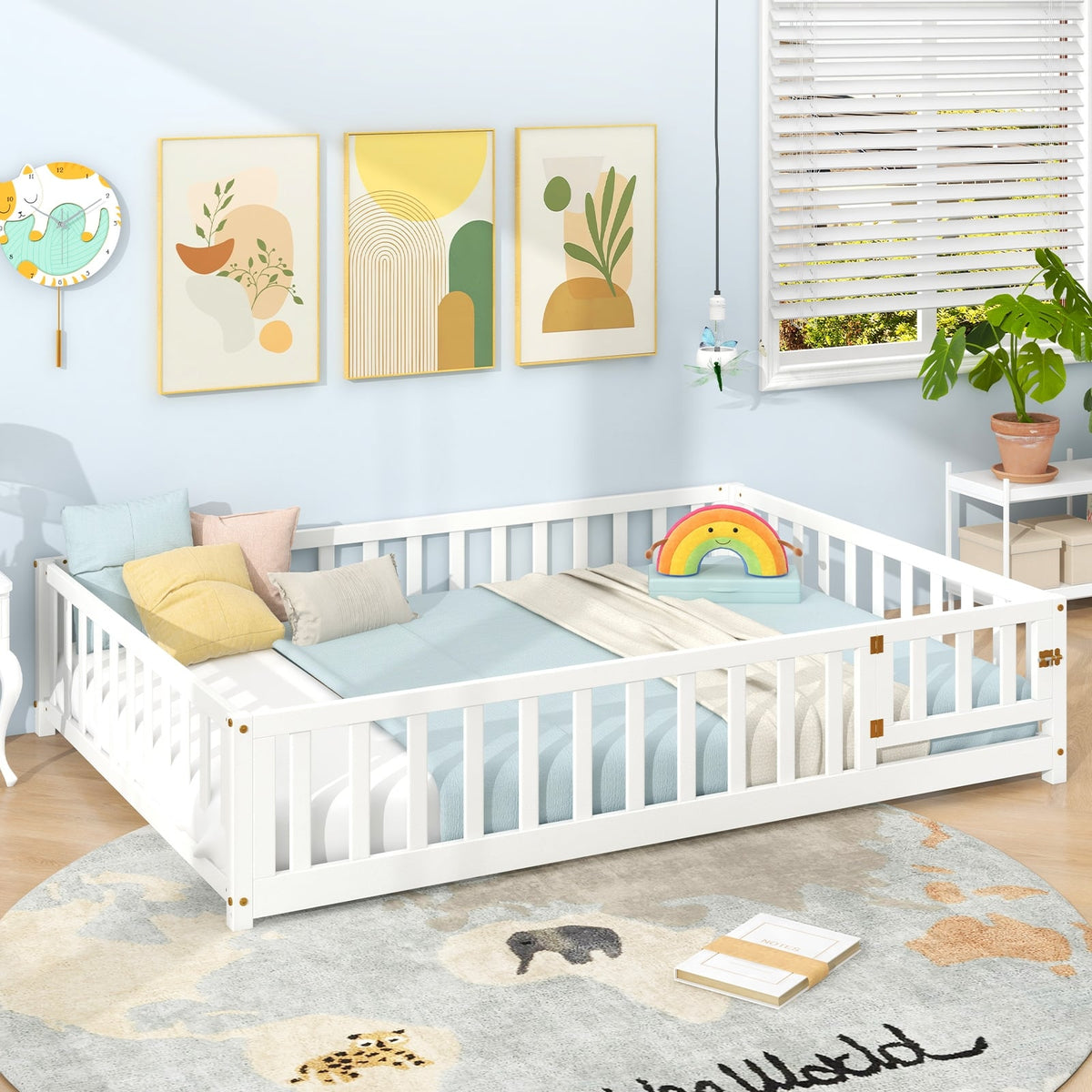 Montessori Bed Frame with Full-length Guardrails Safety Door and Latch-White-Toddler Beds-DECOROLALA