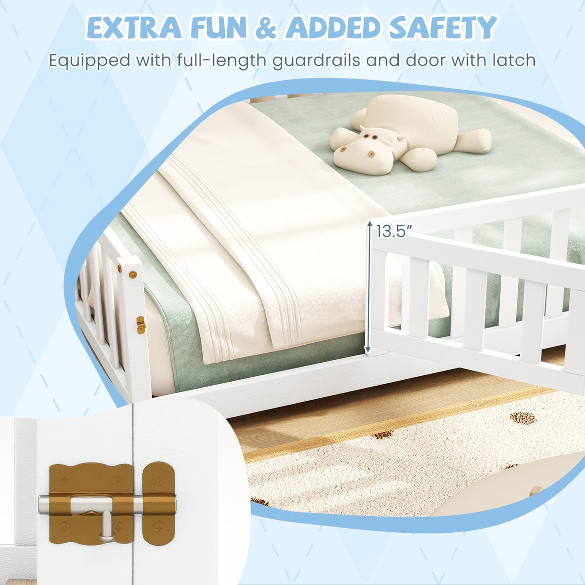 Montessori Bed Frame with Full-length Guardrails Safety Door and Latch-White-Toddler Beds-DECOROLALA